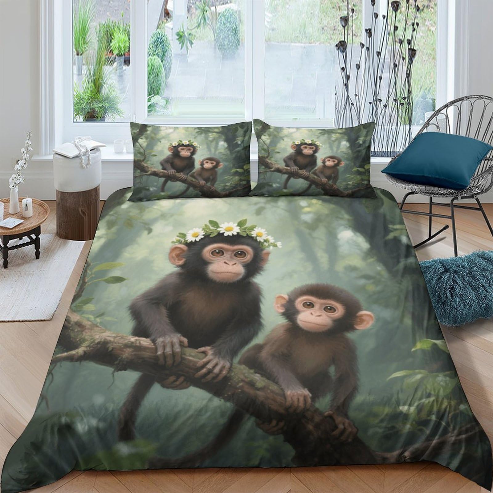 WXLWHR Monkeys Duvet Cover Sets Ultra Soft Microfiber 3 Piece 3D Printed Bedding Set Two Baby Monkeys Comforter Cover with Pillowcase for Kids Teens Adults Double（200x200cm）