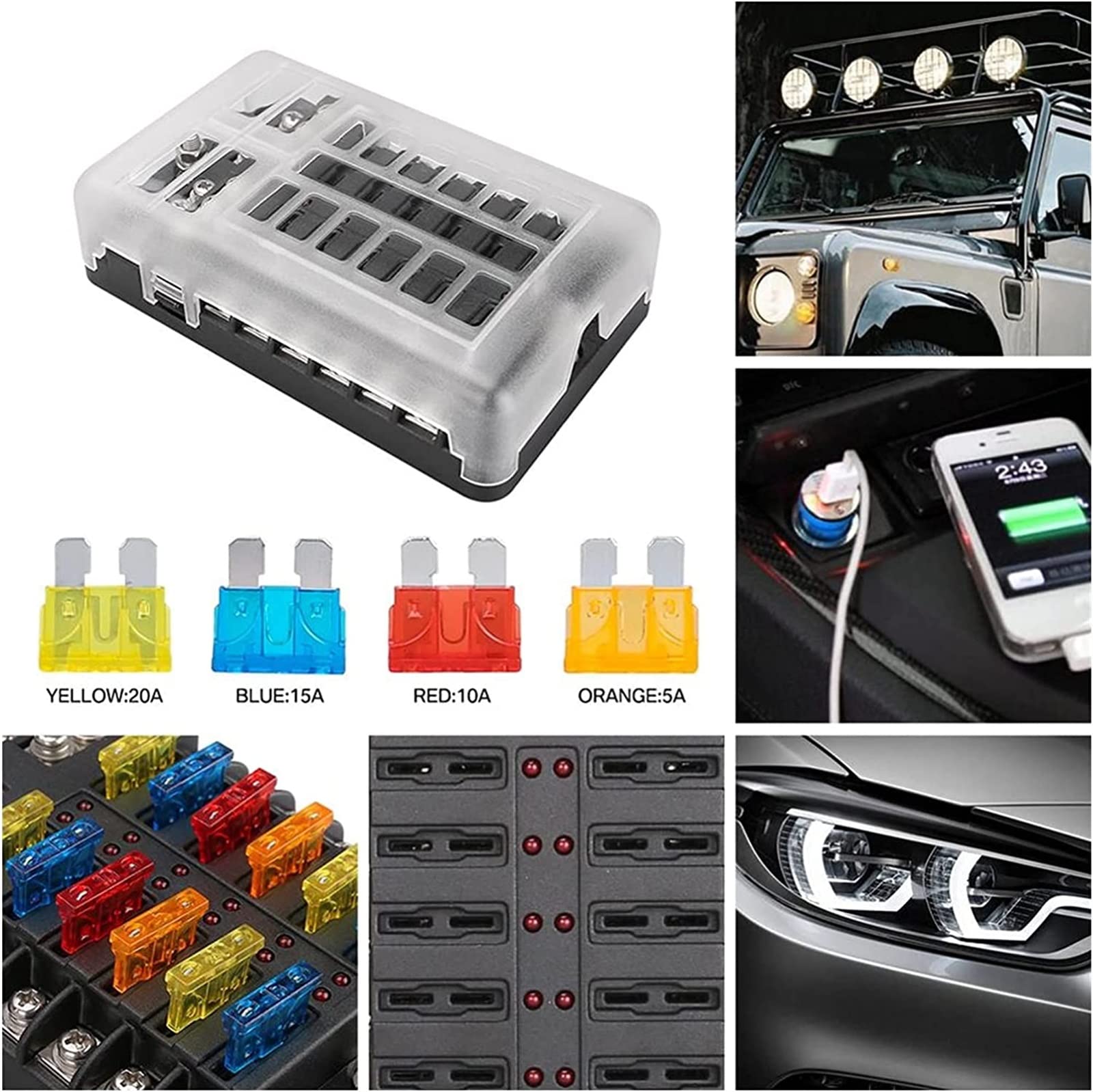 Scatola dei fusibili 6 12 vie, portafusibili, 1 copertura in plastica da 2 V, 32 V, con indicatore LED, protezione della luce per barche da auto (6 vie)