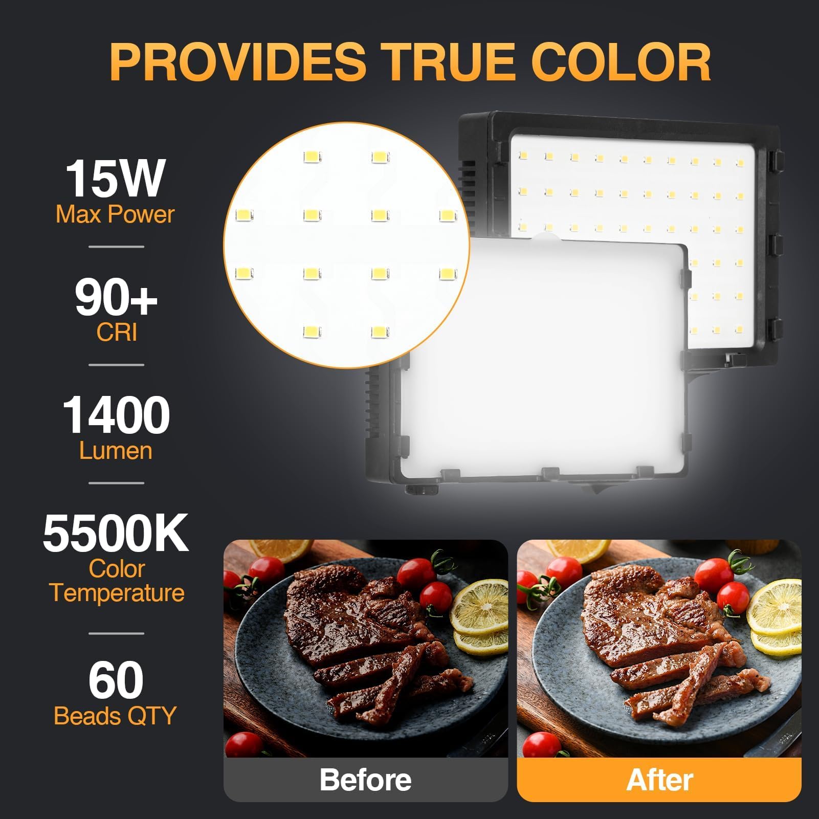 EMART Luce Video a LED, Dimmerabile, 60 Perle LED, 3300 K-5500 K, Luce Video Compatta, Luce Video a LED USB per la Fotografia e la Registrazione Video su YouTube