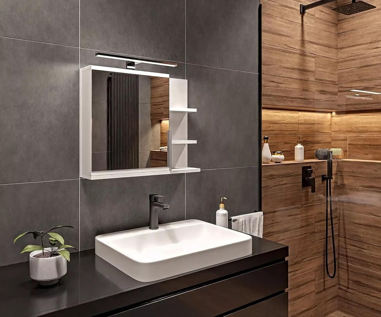 Mobiletto a specchio 60x50 bianco, per il bagno con mensole, specchio da bagno, mobiletto sospeso - da parete, LAMPADA LED - Destra