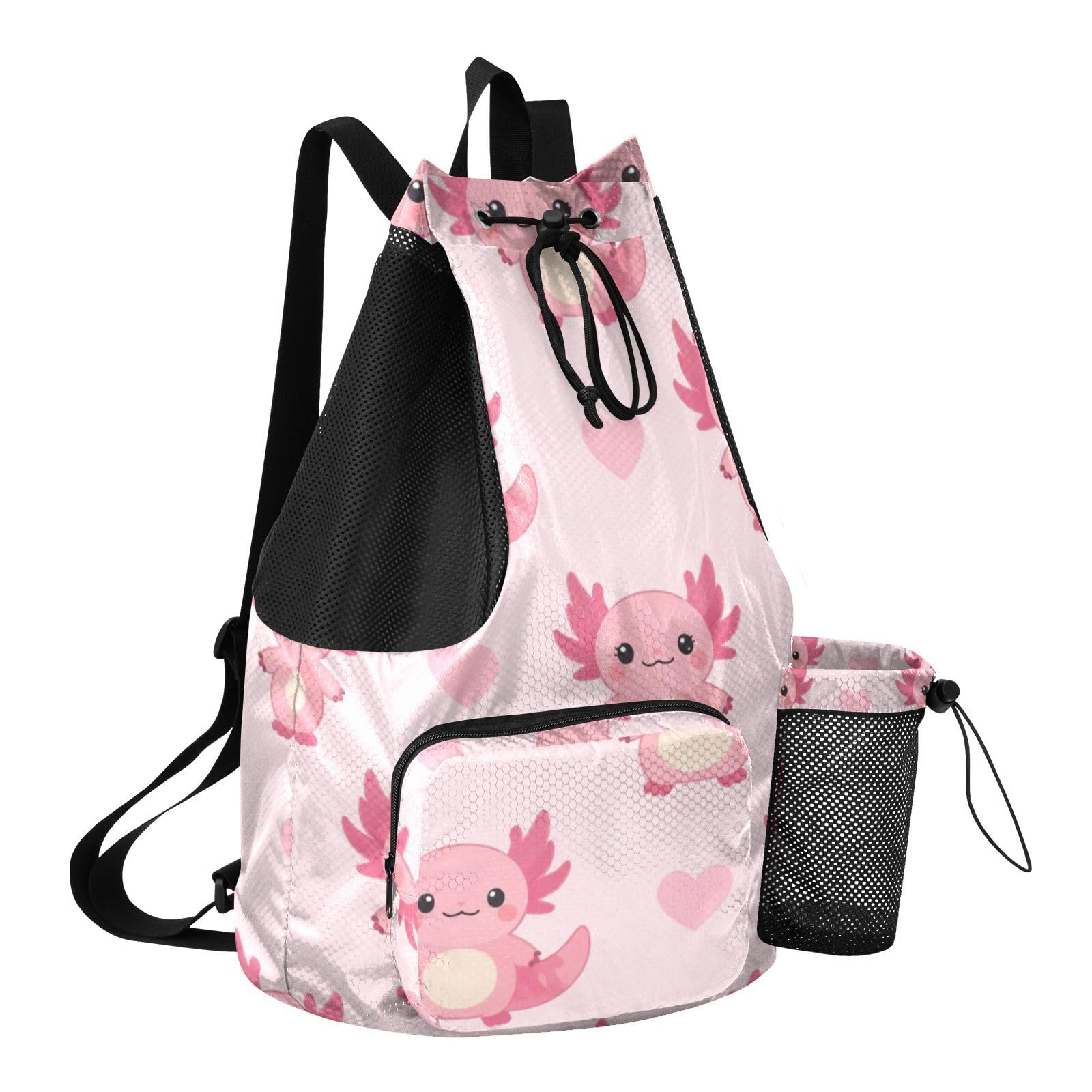 Grckit Cute Axolotl Swim Bag Beach Backpack with Wet Pocket, 30L Lightweight Packable Drawstring Backpack for Swimming Gym Hiking Fishing Travel for Men Women