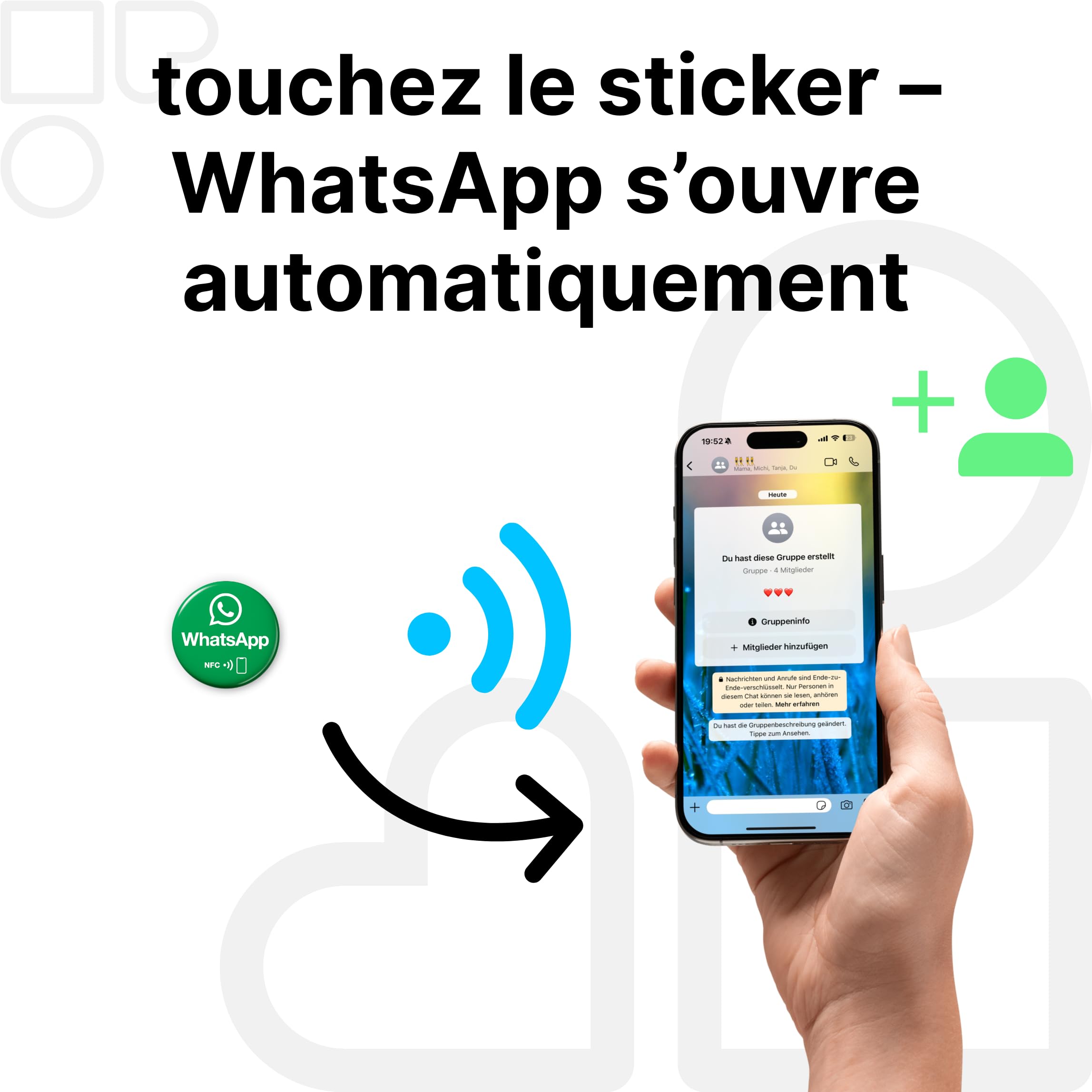 Lot de 2 autocollants Whatsapp NFC - Planifier des rendez-vous et partager un contact sans contact - Programmable et réutilisable - 3 cm de diamètre - Autocollant de contact Whatsapp pour cabinet