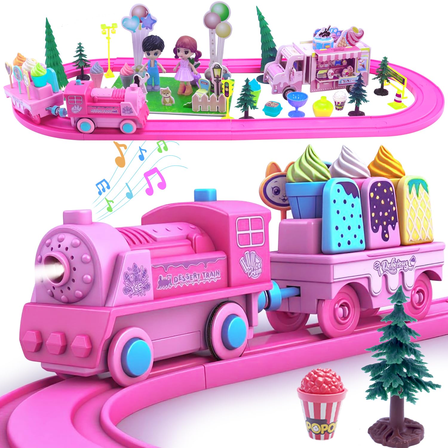 Pink Classic Train Sets for Toddlers|Musical Electric Train Toys with DIY Ice Cream Truck 3D Foam Puzzles Party Scene Building Kit for Girls Boys 3-5 Years Old Parent-Child Interaction Birthday Gift-A