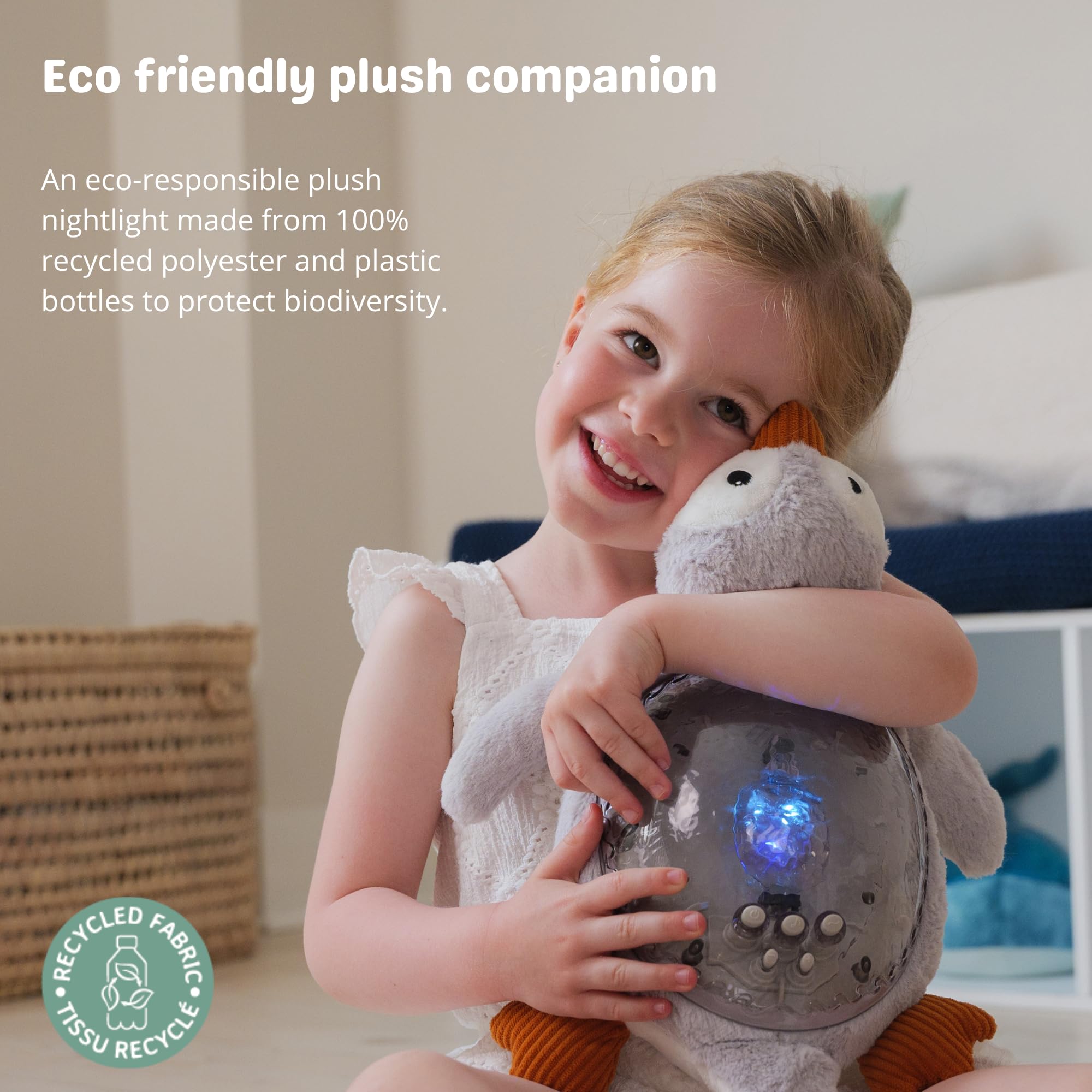 Cloud b Tranquil Penguin - Eco Baby Night Light & Sound Machine, Ocean Wave Projector, Cry Sensor, White Noise, USB-C Rechargeable, 100% Recycled Fabric