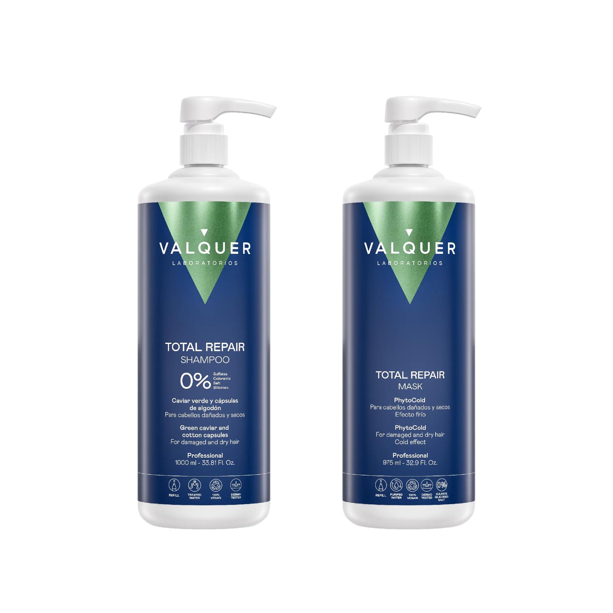VALQUER Total Repair Zero Shampoo & Mask Pack | Repairs, Softens & Nourishes Dry or Damaged Hair | Intense Hydration with Green Caviar, Vitamin E & Cotton Capsules | Vegan Hair Care | 1L + 975ml.