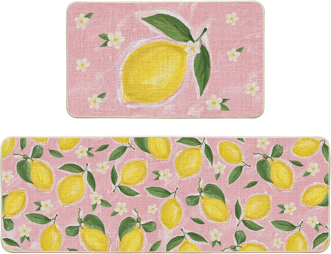 Artoid Mode Pink Lemons Flowers Summer Kitchen Mats Set of 2, Seasonal Home Decor Low-Profile Kitchen Rugs for Floor - 17x29 and 17x47 Inch