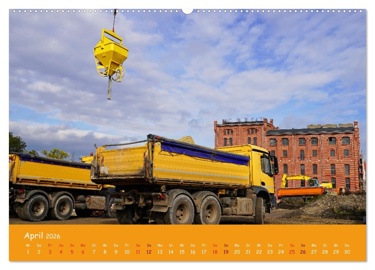 Baumaschinen im Einsatz (hochwertiger Premium Wandkalender 2026 DIN A2 quer), Kunstdruck in Hochglanz: Kran,Bagger,Walze,Raupe und LKWs auf einer Großbaustelle (CALVENDO Orte)