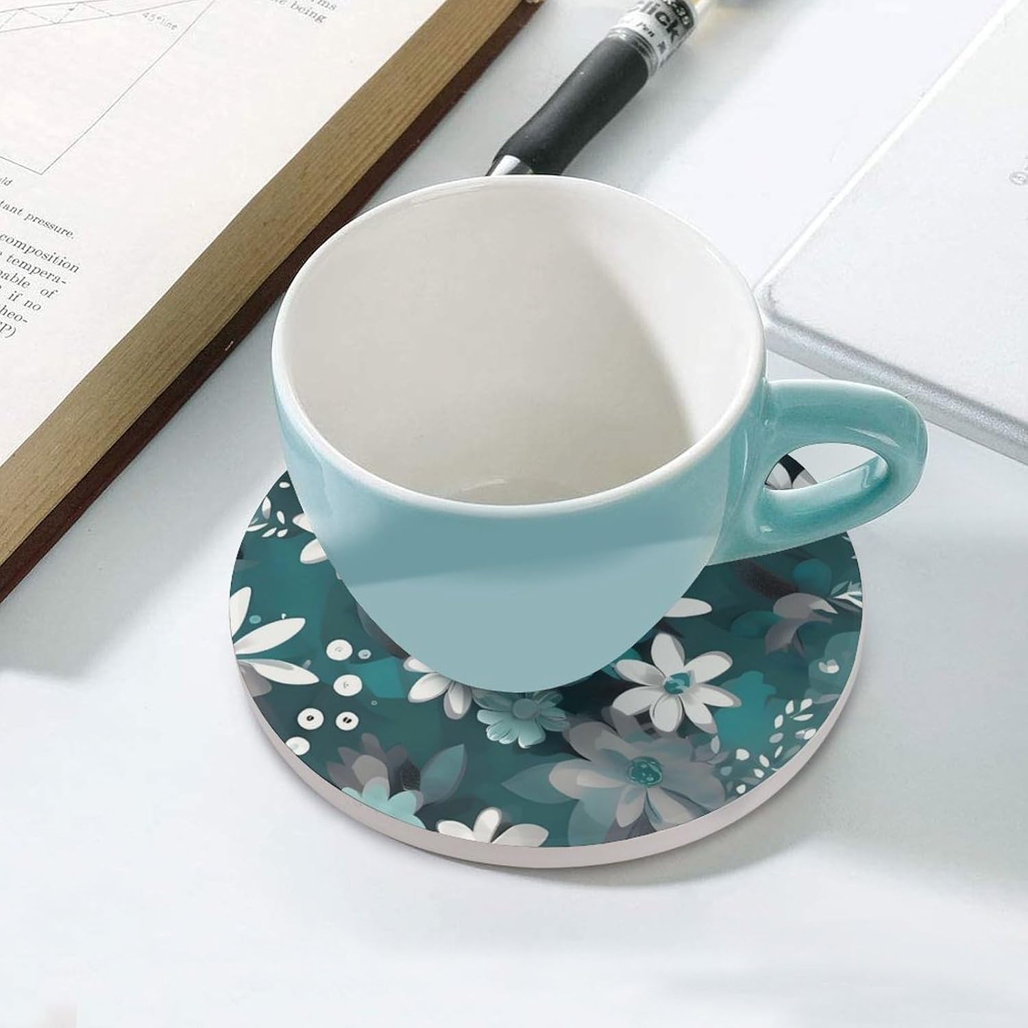 6PCS Teal Grey and White Floral Coasters Non-Slip Round Drink Coasters with Ceramic Stone and Cork Base, Heat Resistant Absorbent 33.00Stone Coaster Set for Kinds of Mugs and Cups, 4 Inch