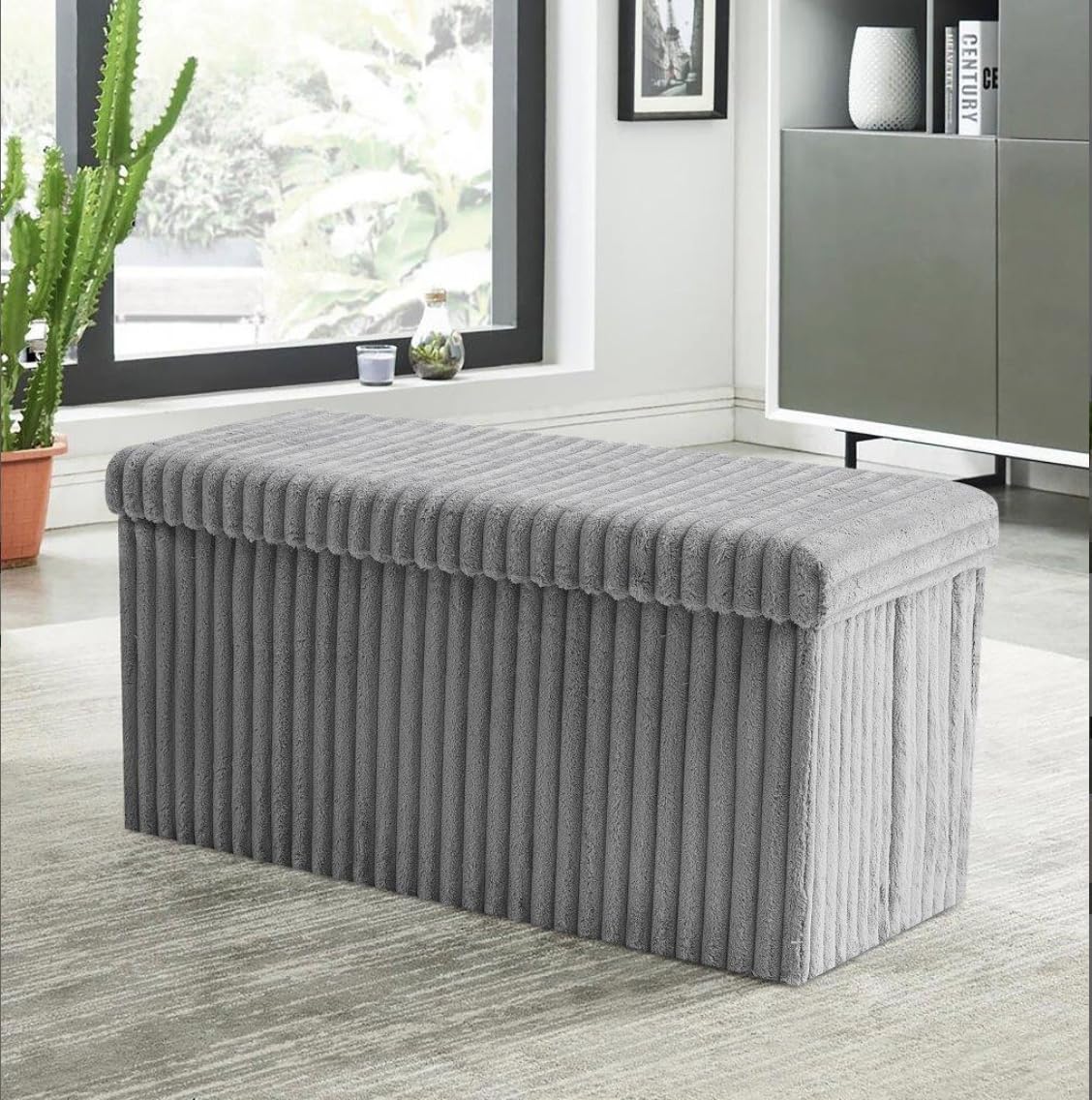 BLOOM BLENDS Ribbed Velvet Storage Ottoman Box – Foldable, Stylish & Multi-Purpose Seat with Lid | Available in 5 Colours | Bedroom, Living Room, Entryway (Grey, Large (76x35x36cm))