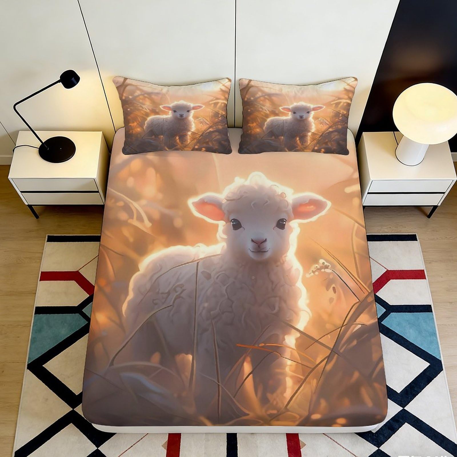 3D Printed Cute Lamb Fitted Sheet Microfiber Soft Breathable Pastoral Meadow Bed Cover for Bedroom Guest Room Decor 90x200x25cm