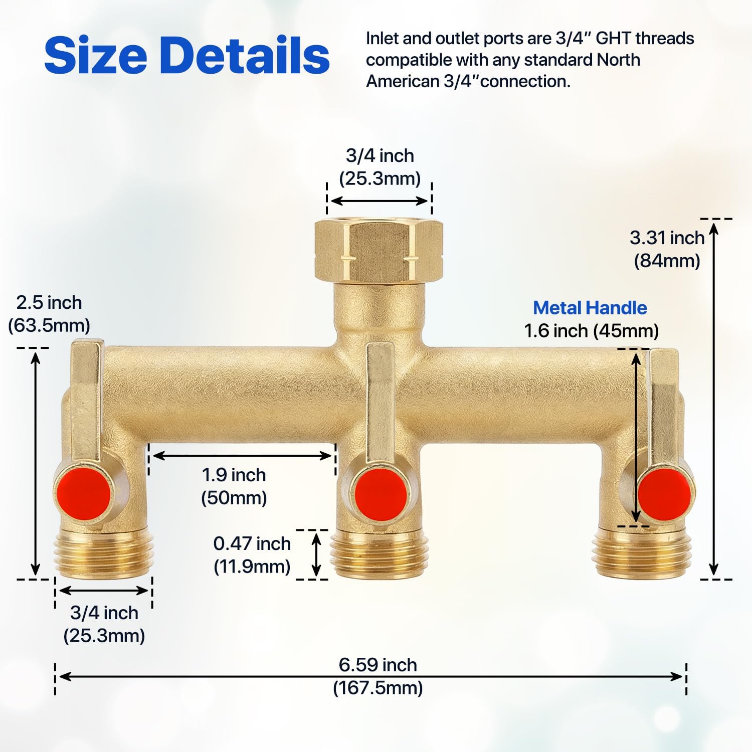 3 Way Garden Hose Splitter Full Flow, Heavy Duty Brass Hose Splitter Outdoor Faucet Diverter with Extended Handle And Metal Shutoff Valve, 3/4” GHT Thread