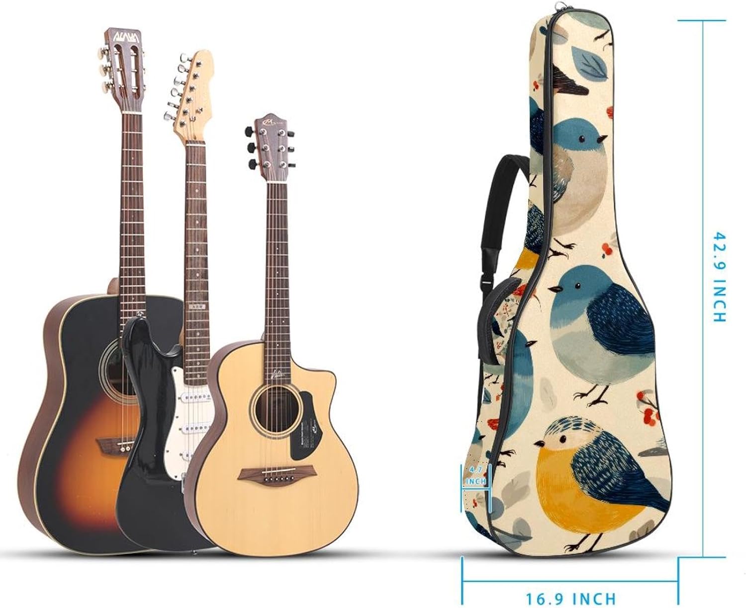 Acoustic Guitar Gig Bag 10mm Thick Padding, Soft Waterproof Guitar Case with Adjustable Backpack Straps for 40-42 Inch Guitar, Cute Bird Seamless Pattern
