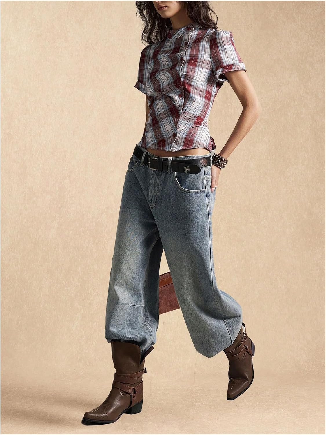 SOLY HUX Women's Plaid Button Down Shirt Mock Neck Short Sleeve Tie Back Cinched Waist Top Summer Casual Work Blouse