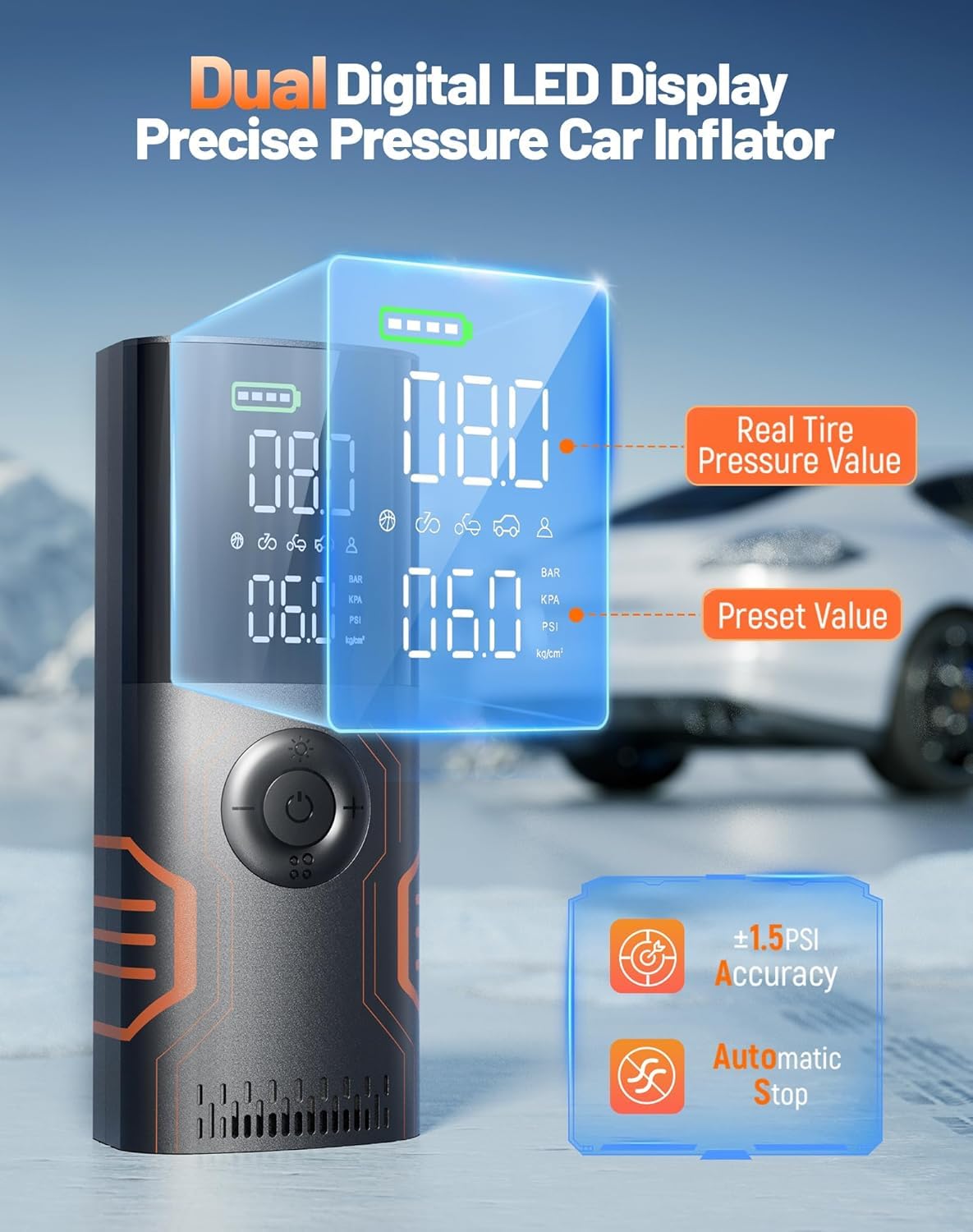 Tire Inflator Portable Air Compressor - Smart APP Air Pump for Car Tires, All-in-One Storage Portable Tire Pump for Car, 3X Speed & Automatic Stop Inflation, for Car, Motorcycle, Bicycle, Ball — view 9