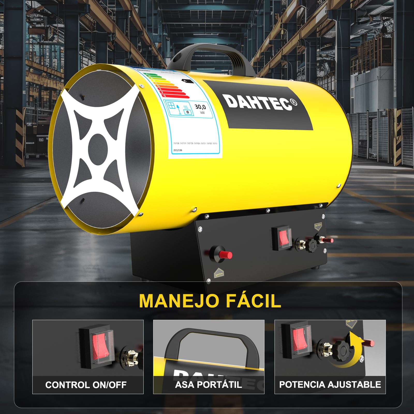 Calefactor de Gas Auxiliar 18-30 kW Potencia Regulable Cañón de Calor Soplador de Aire Caliente para Obras, Amarillo