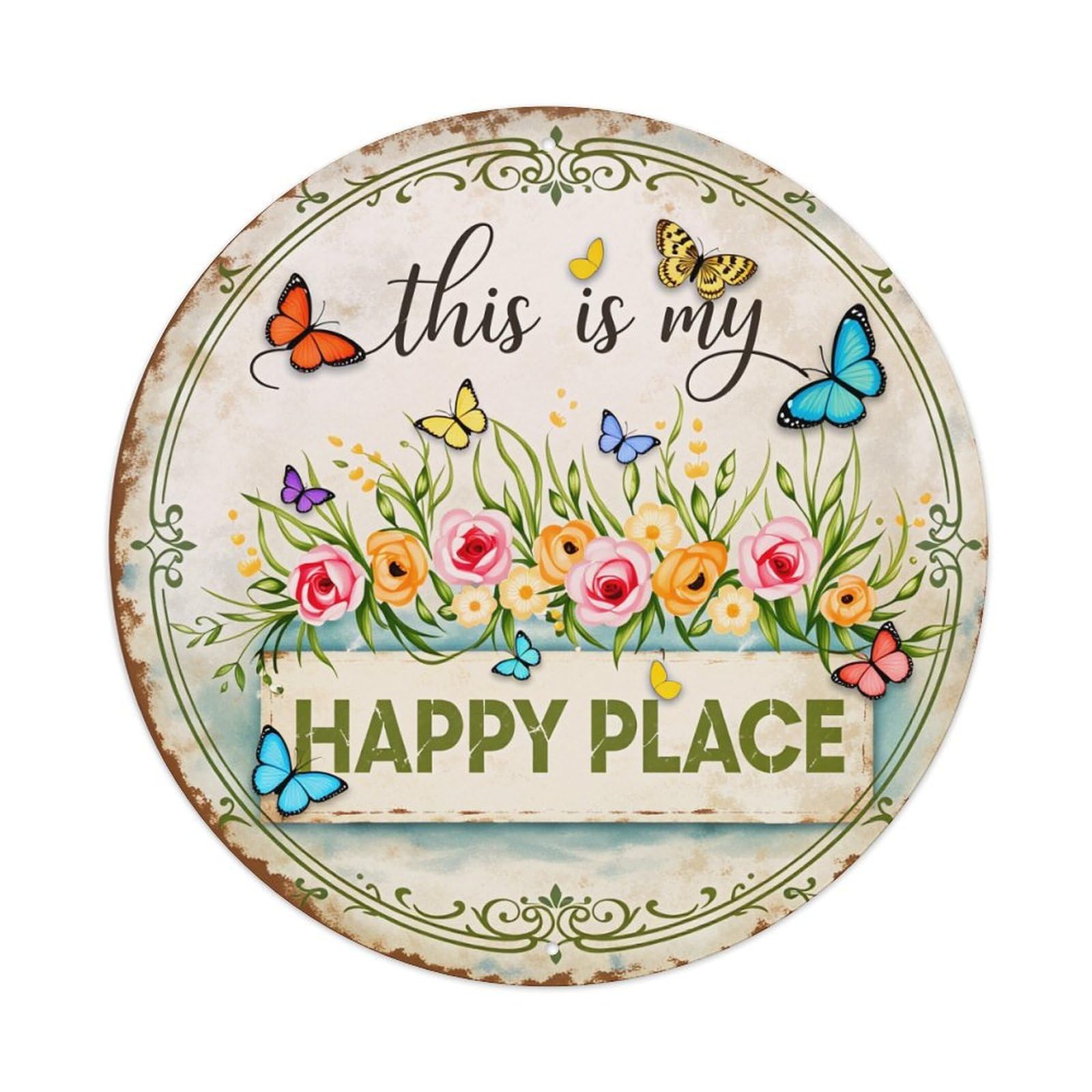 This Is My Happy Place Floral Butterflies Pattern Round Vintage Tin Sign,Retro Wall Art,Metal Poster for Home, Bar, Garage, Cafe, Rustic Indoor & Outdoor Decor, 8x8 Inches