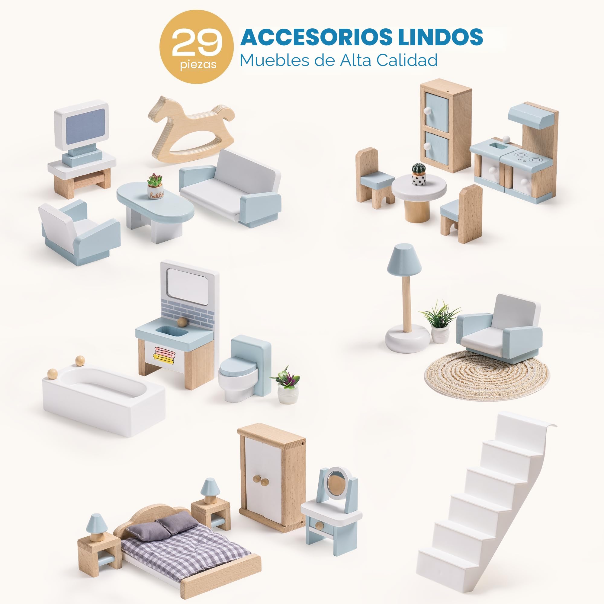 ROBUD Casa de muñecas de Madera, 3 Pisos, Incluye Muebles y escaleras, Juguete para niños a Partir de 3 años