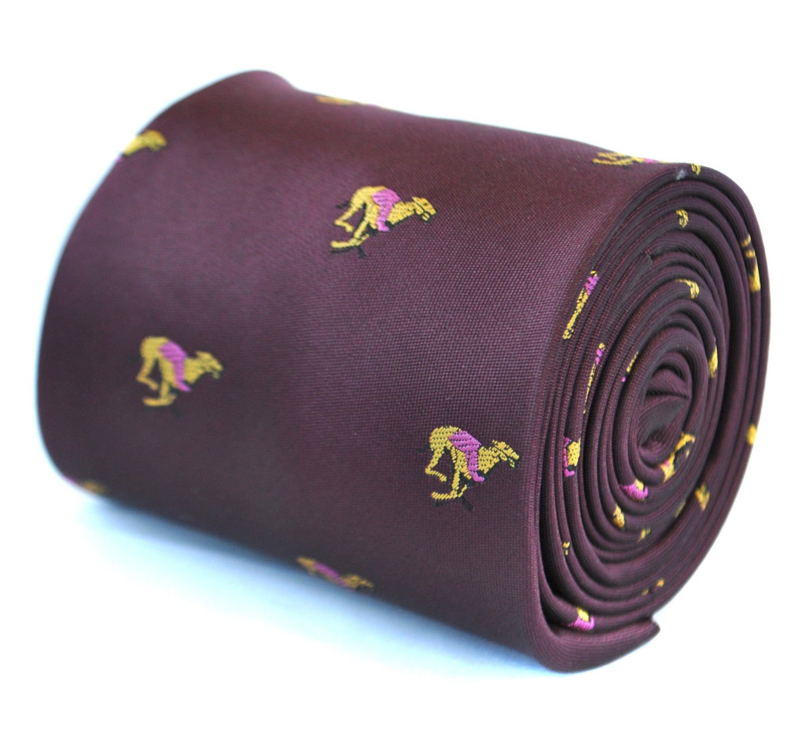 Maroon tie with racing greyhound design and floral reverse, slim classic 8cm width ideal for formal events, office wear, weddings, dinner parties, dry clean only, tailored 147cm men’s necktie