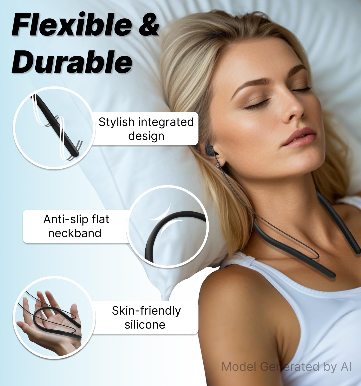 Hmusic Cuffie Bluetooth Sleep con archetto da collo, auricolari wireless per dormire, 12+ ore di riproduzione, auricolari in morbido silicone con microfono per insonnia, dormire, russare, rilassamento