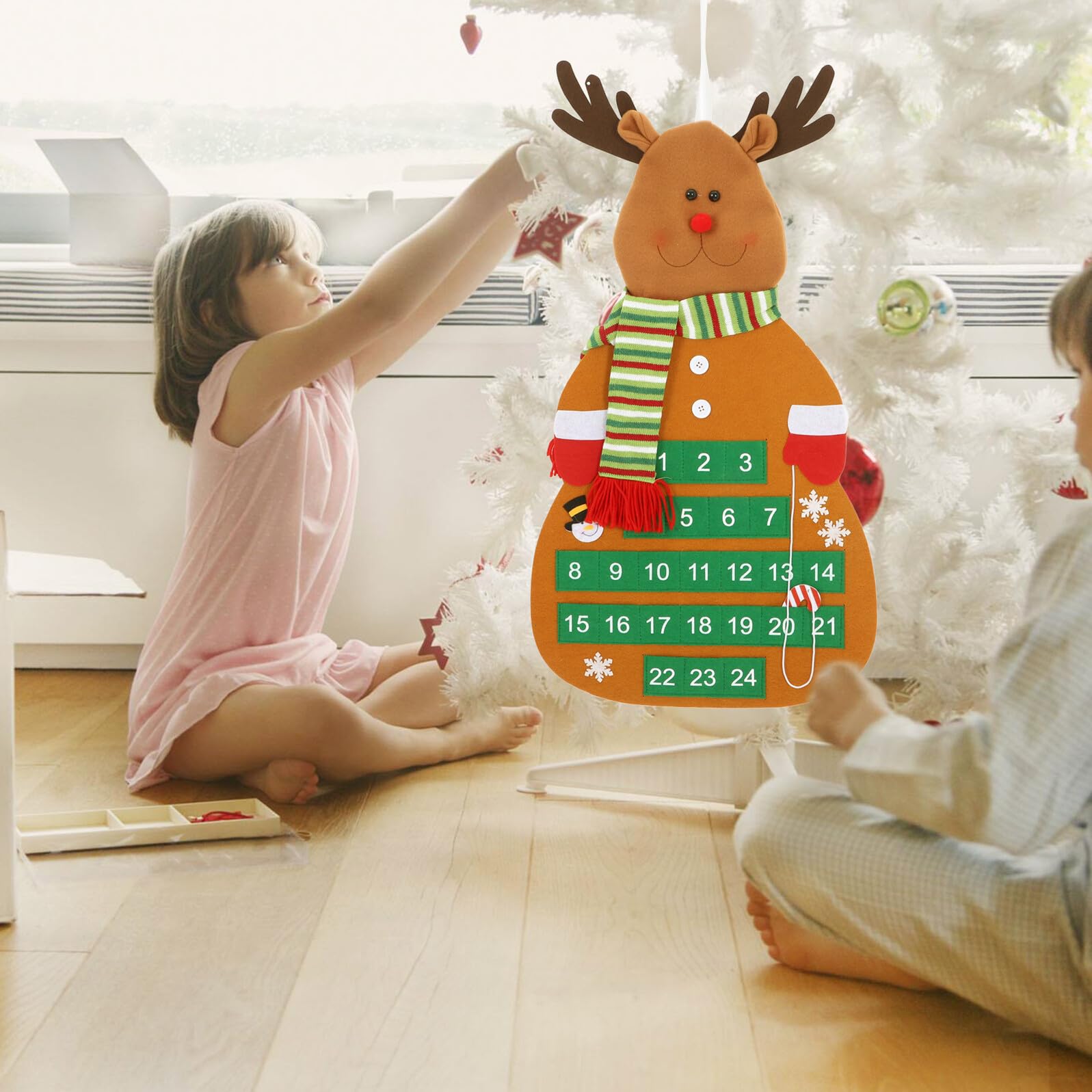 Calendario Dell’Avvento in Feltro da Appendere a Forma di Renna con Tasche Numerate per Decorazione Porta D’Ingresso Decorazioni Natalizie per Feste Tradizione Conto alla