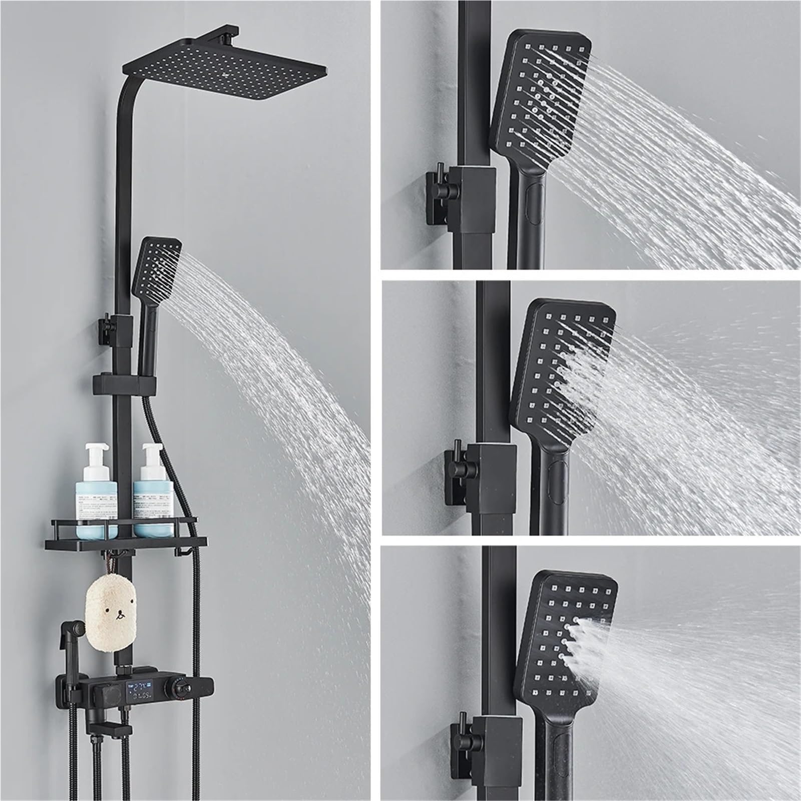Czarny cyfrowy wyświetlacz termostatyczny kran prysznicowy, 4-drożny termostatyczny bateria łazienkowa z deszczownicą, półką i bateriami bidetowymi (chrom Thermostatic)