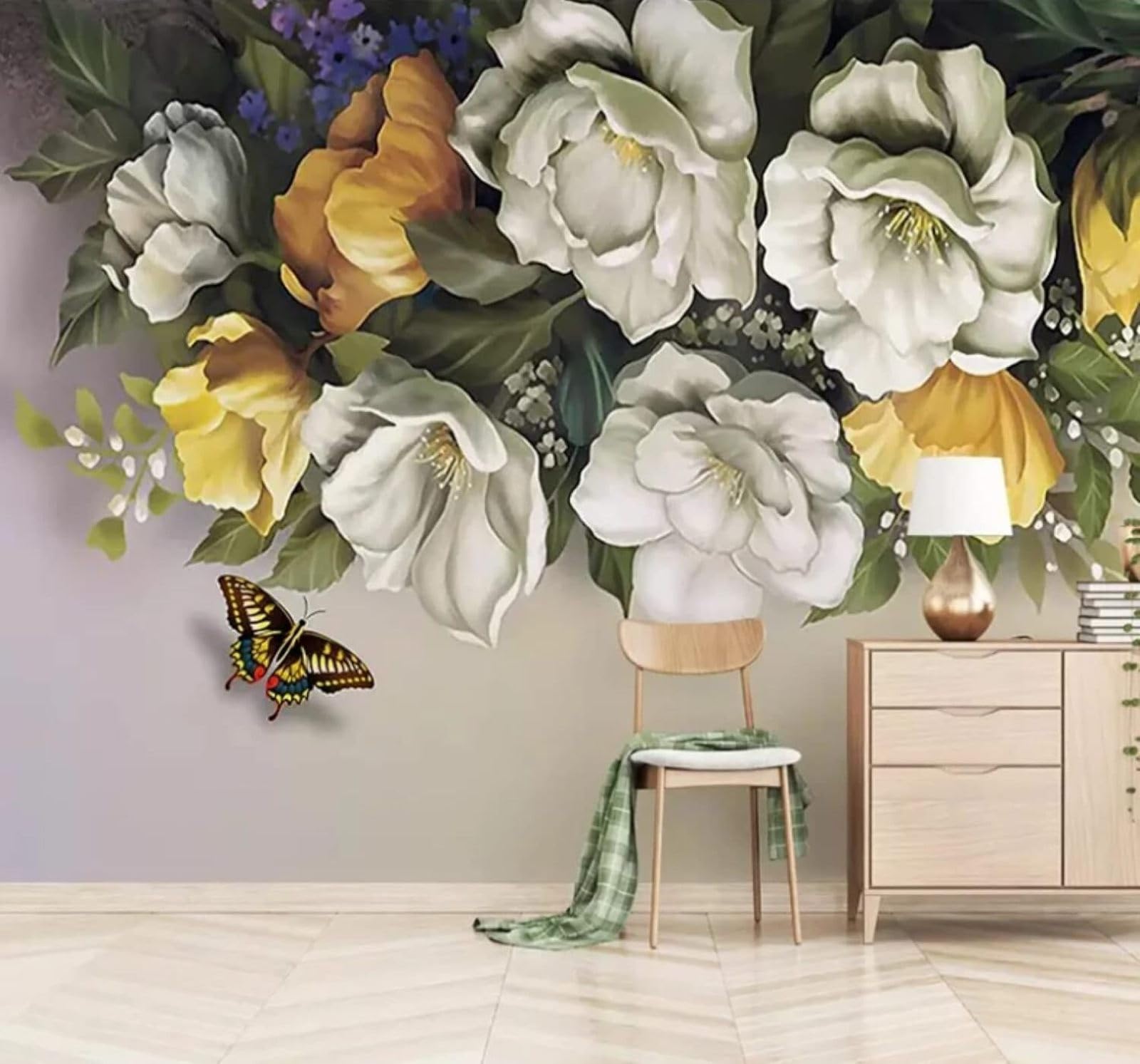 XLMING Beautiful Cosy Fresh Flowers Butterflies 3D Wallpaper Luxury Silk Study Dining Feature Sofa Grey Bedroom Living Room Tv Decorative Wall-350cm×256cm