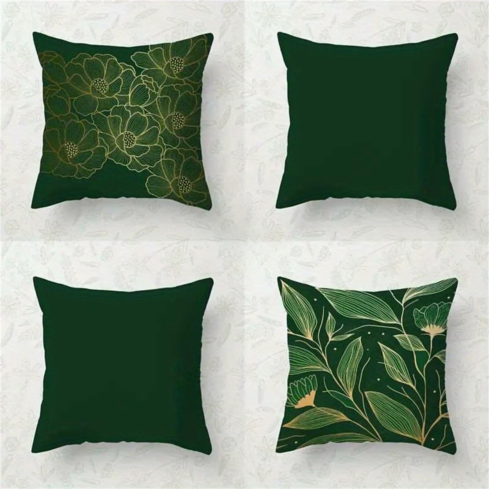 QiHon Cushion Covers 60x60 cm Set of 4 Green Flowers Leaves Linen Square Pillow Cases 24x24 inch Modern Decorative Throw Pillow Covers for Sofa Couch Bedroom Home Office with Invisible Zipper