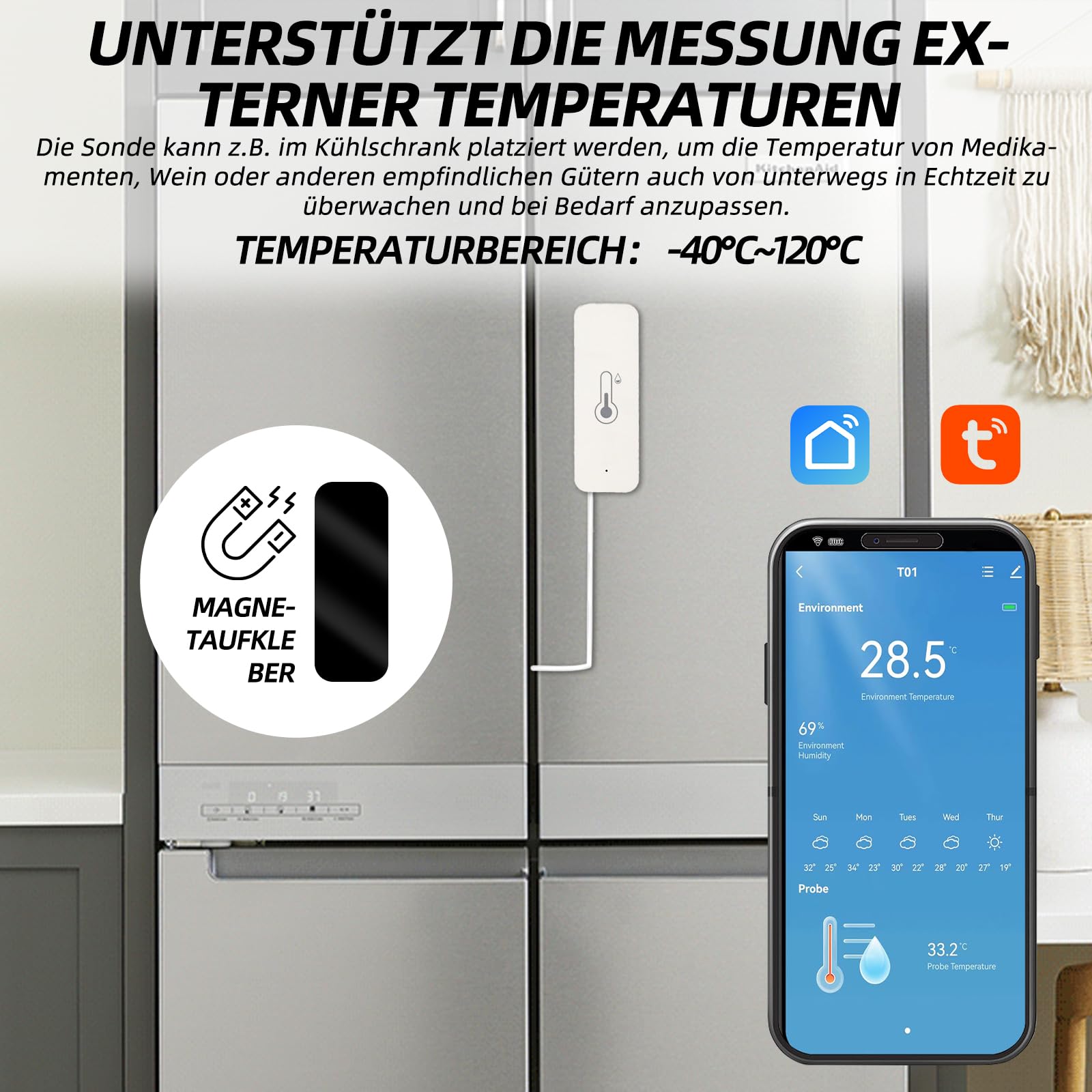 Termometr i higrometr Wi-Fi, nadaje się do użytku wewnątrz i na zewnątrz, z czujnikiem zewnętrznym, kompatybilny z aplikacją Tuya Smart Life, idealny do basenów, akwariów, szklarni itd.