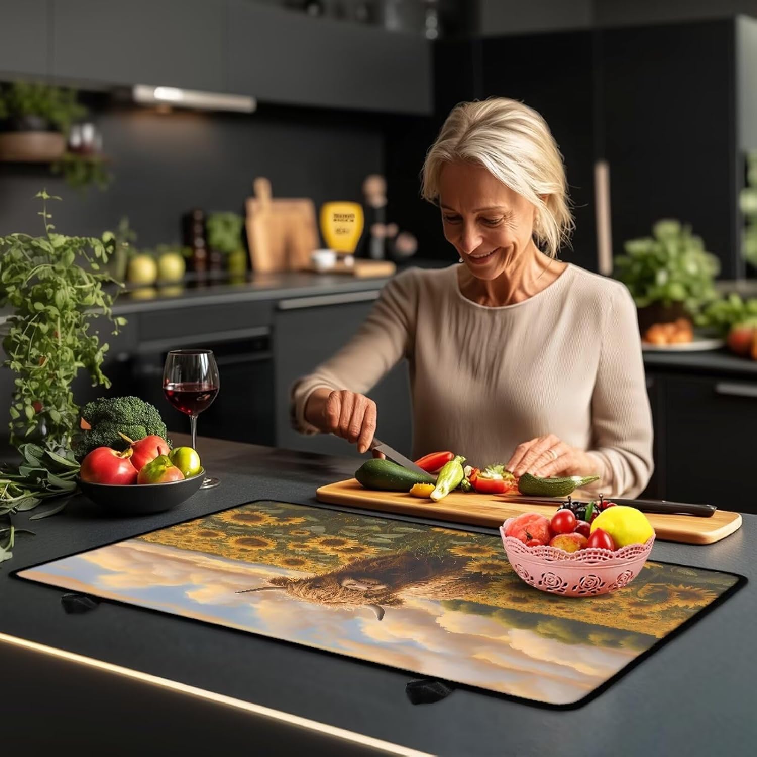 Glass Stove Top Cover Foldable Non-slip Range Cover Cooktop Mat Multipurpose Induction Cooktop Mat for Kitchen Home Accessories and Decoration, Sunflower Field Highland Cattle
