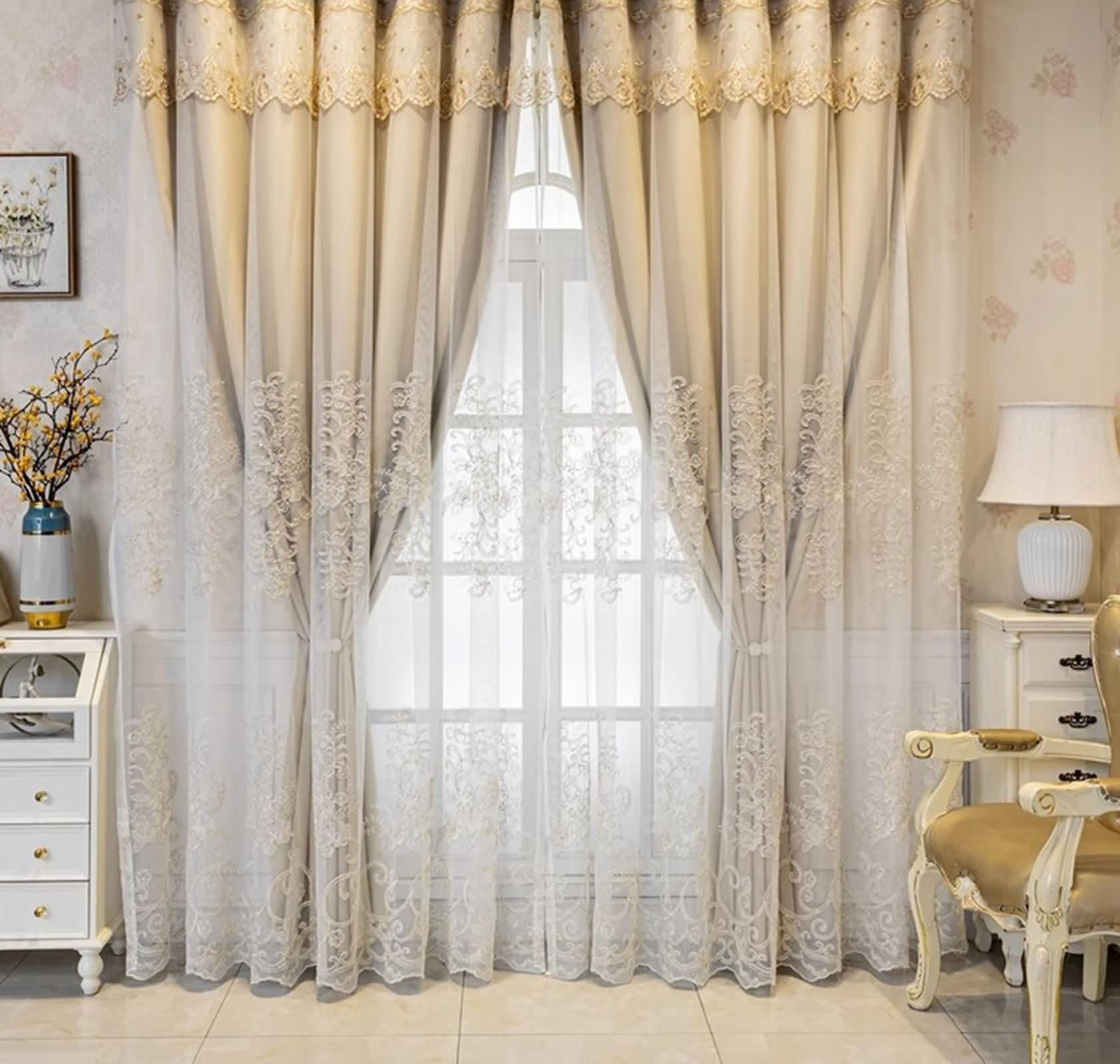 Tende Interno con Ganci, 2 x 102W x 183H CM,Tende da Interno Oscuranti Due Pannelli Doppio Strato con Modello Pizzo Ricamo Tenda Beige Cachi Chiaro Cameretta Bambini