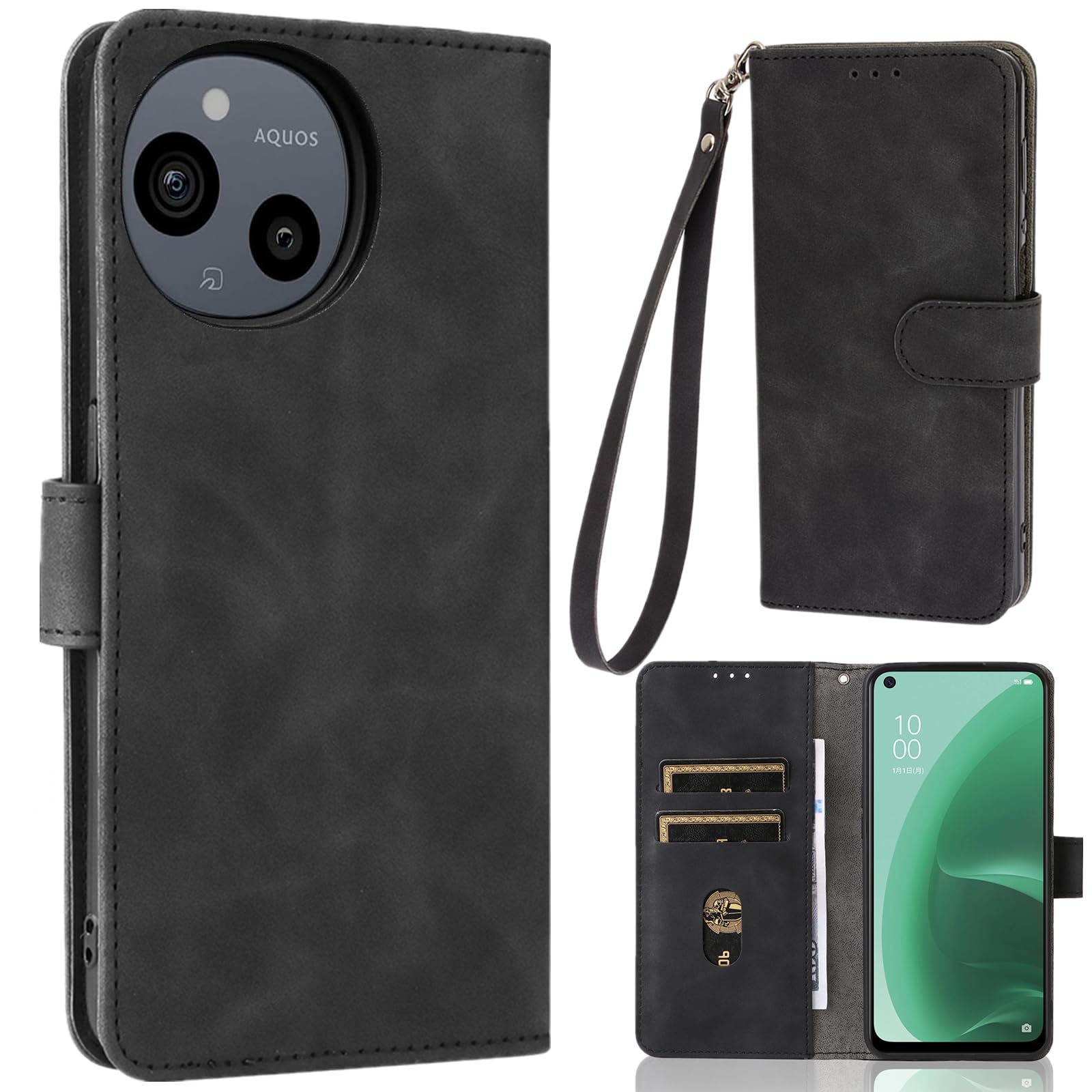 【Heofuixt】 スマホケース AQUOS Sense9 Sense10 用 ケース 手帳型 【ストラップ 一本付】 適用 SH-53E SHG14 SH-M29 SH-53F SHG15 SH-M33 手帳型 アクオス センス9 センス10 手帳 case スタンド ストラップ付き 窓口式 カード入れ マグネット 手帳ケース カードケース つや消し 落ち着いた色 ブラック