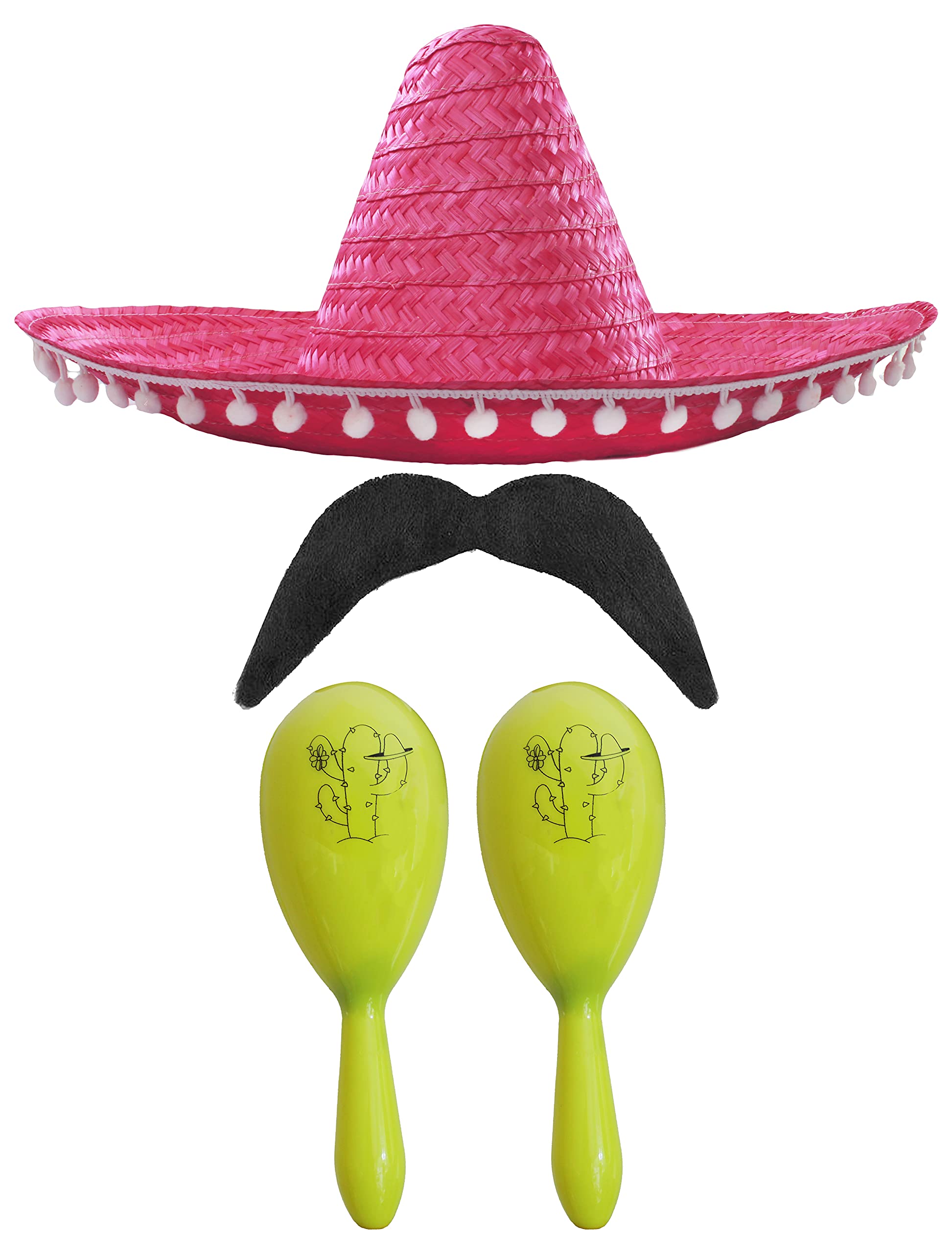 Adults Mexican Accessory Set - Natural Mexican Sombrero, Yellow Maracas, Moustache - Mexican Cinco de Mayo Sensorita Bandit Mariachi Fancy Dress Costume Accessory Set