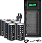 Premium Rechargeable D Battery with Charger, 6 Packs High Capacity 8000mAh 1.2v NiMH D Size Batteries with Universal Battery Charger for AA AAA 9V D C Rechargeable Batteries