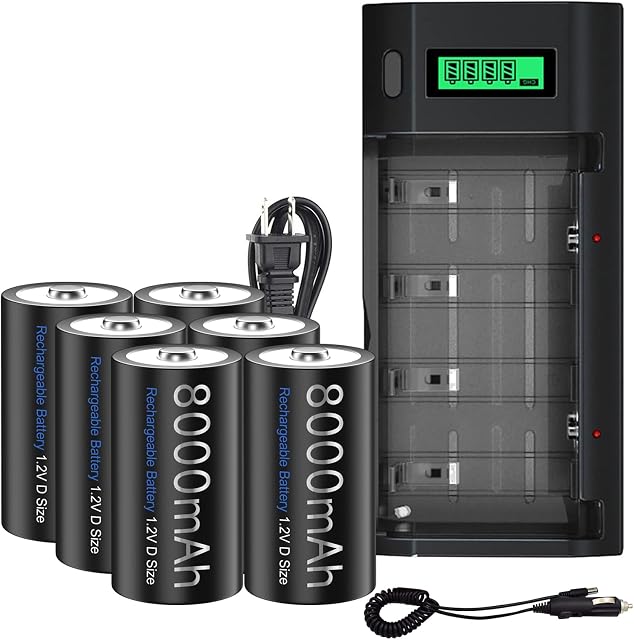 Premium Rechargeable D Battery with Charger, 6 Packs High Capacity 8000mAh 1.2v NiMH D Size Batteries with Universal Battery Charger for AA AAA 9V D C Rechargeable Batteries