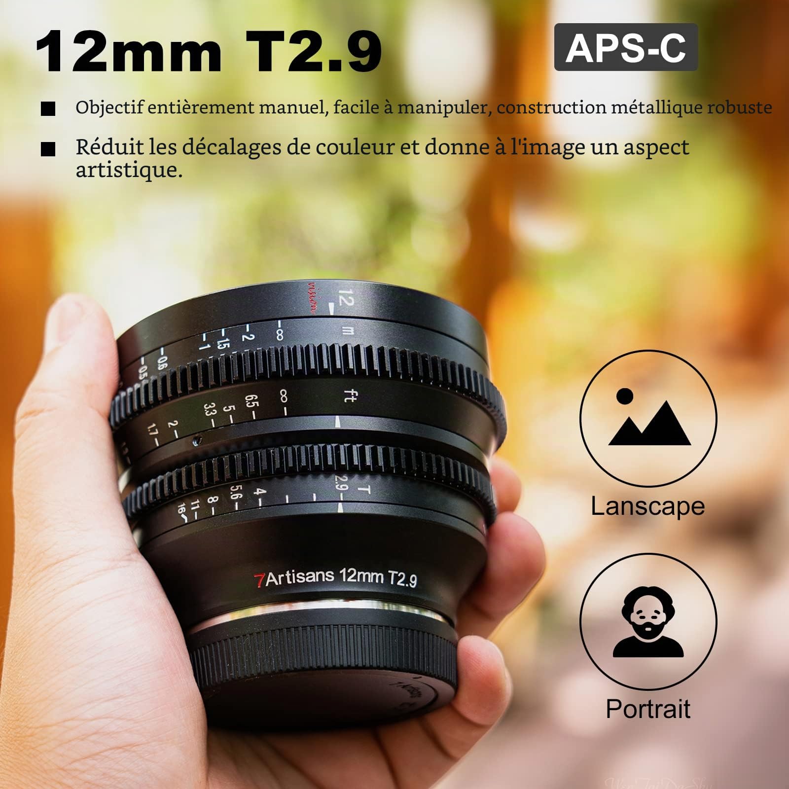7artisans Objectif Cine 12 mm T2.9 Grande Ouverture APS-C Ultra Grand Angle, Mise au Point Fixe Manuelle à Faible Distorsion pour cinéma Compatible avec Sony E-Mount A6500 A9 NEX 5R