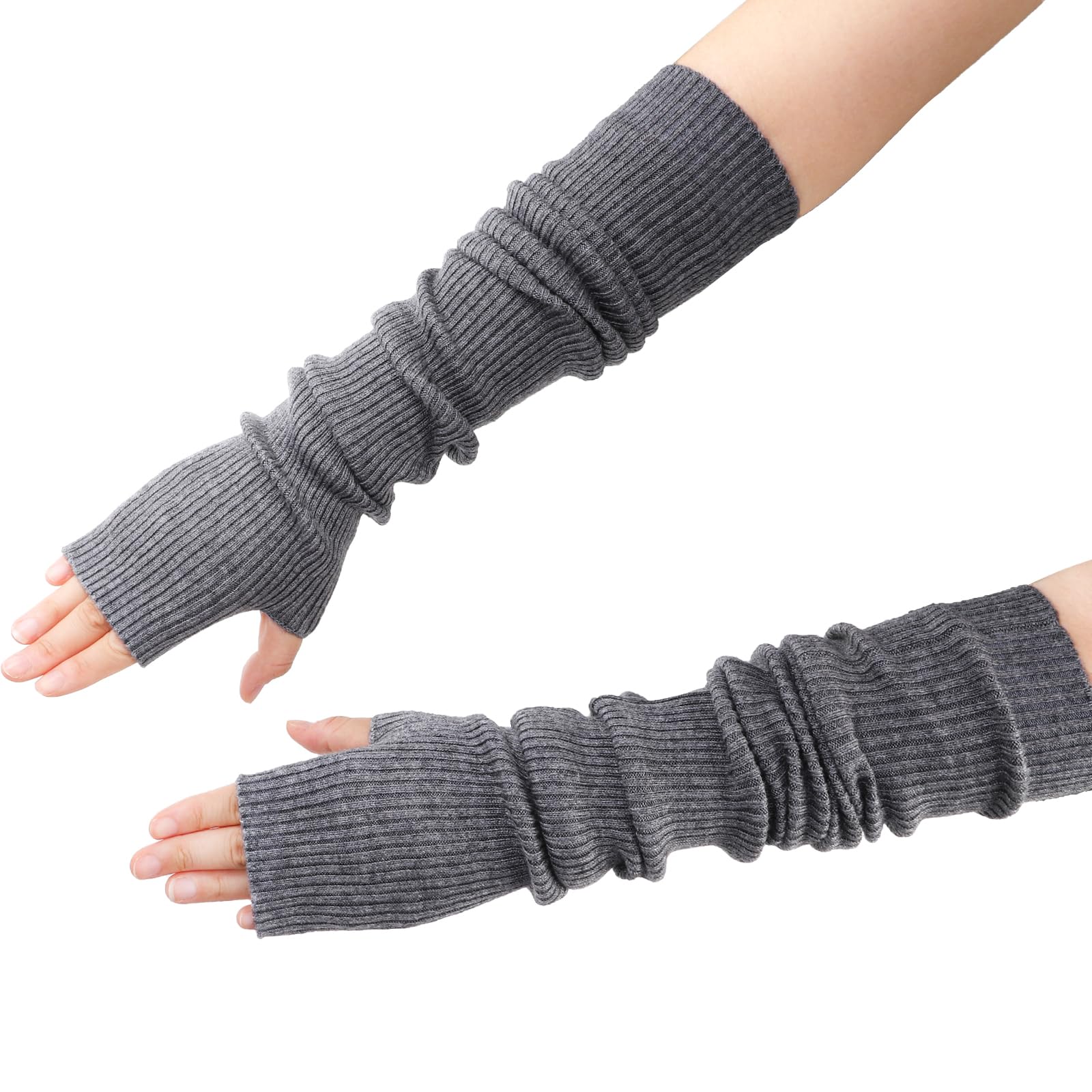 Eorbow 2 Packs Long Fingerless Gloves, Wool Blended Knitted Arm Warmers, Stretchy Over-elbow Length Arm Sleeves for Women Fashion, Cosplay Accessories, Black and Gray