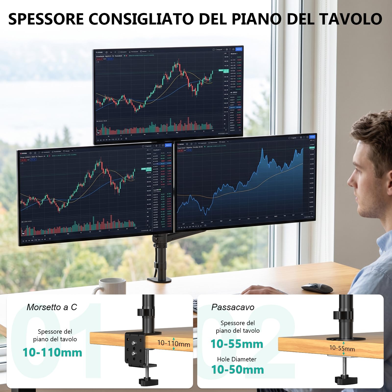 WALI Supporto triplo per monitor da 17-32 pollici, completamente regolabile per 3 monitor con morsetto e base con passacavo, braccio per monitor con molla a gas, fino a 9 kg ciascuno, VESA 75 x 75 100