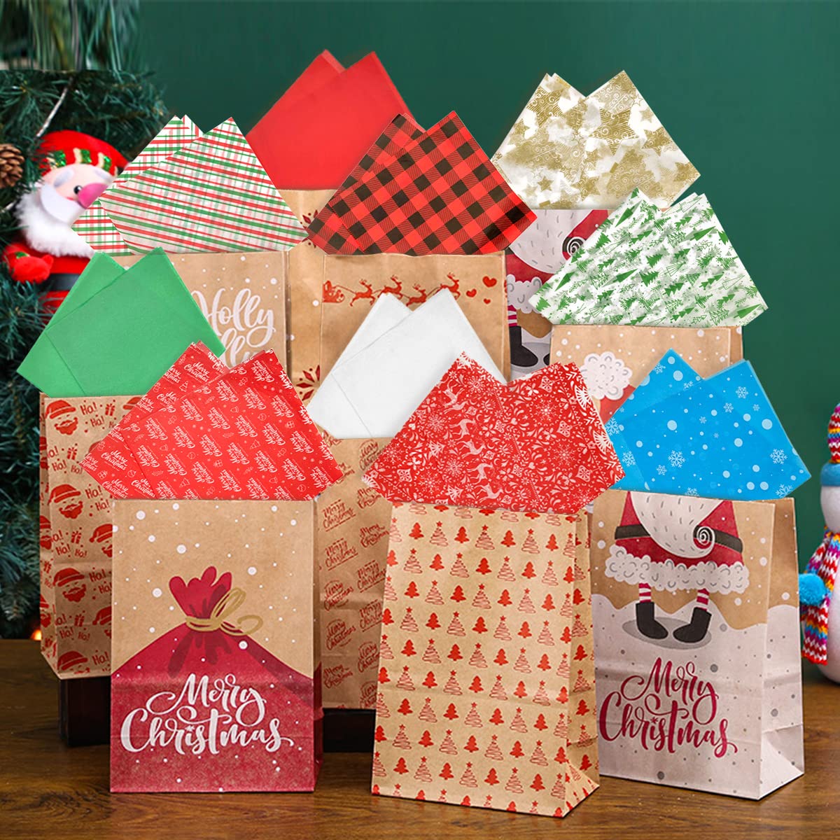Weihnachts-Seidenpapier, 50,8 x 50,8 cm, Weihnachtsgeschenkpapier, Geschenkverpackungszubehör, perfekt für Weihnachtsgeschenkboxen, Weihnachtsgeschenktüten und Weinflaschen (10 Designs)