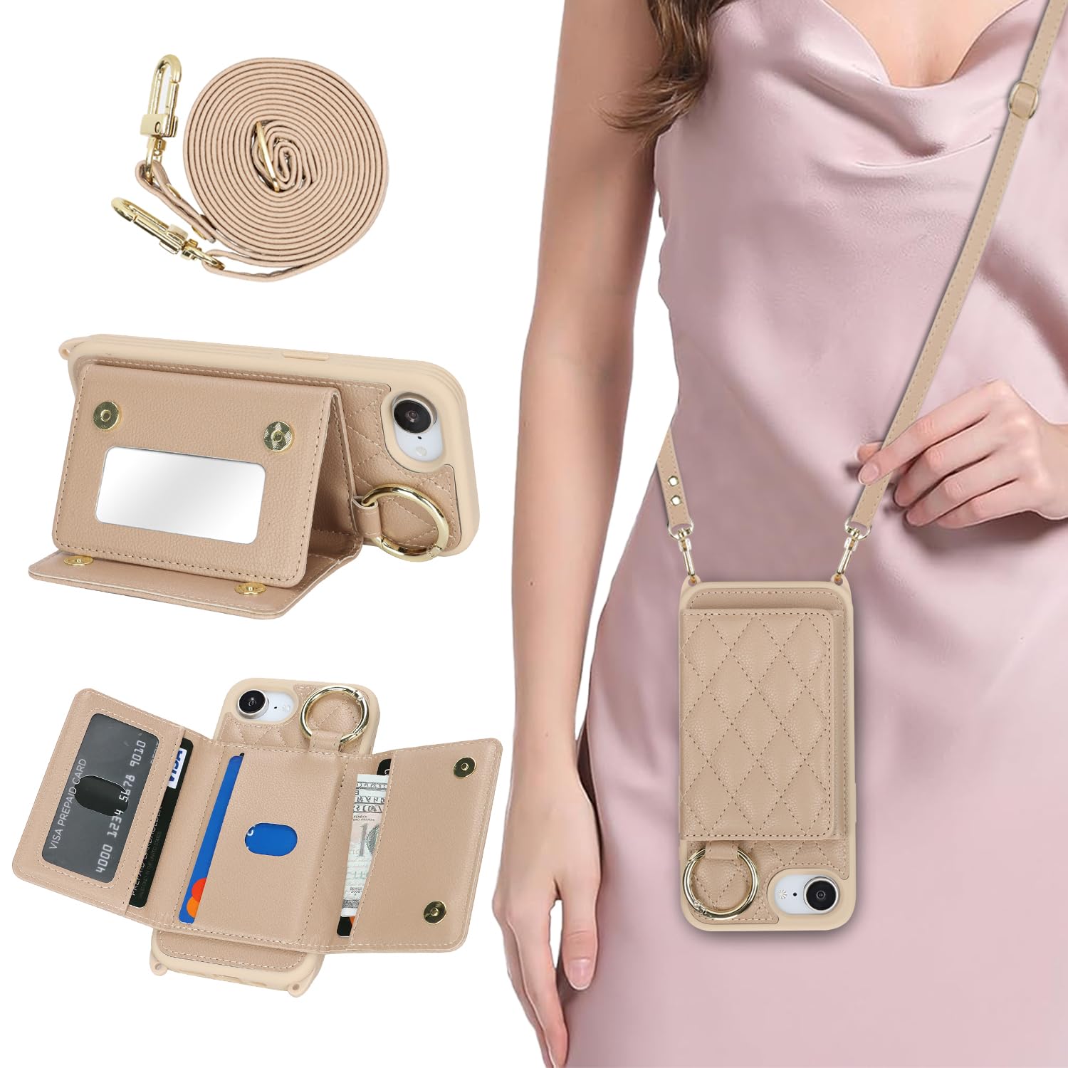 DEYHU for iPhone 16e Case with Card Holder and Strap for Women,Crossbody Lanyard, Make Up Mirror,Ring Stand,Snap Clasp,Cute Phone Wallet Cases 6.1