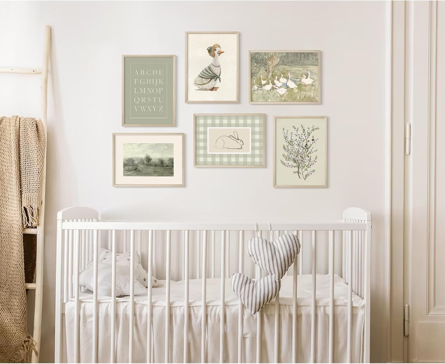 Vintage Nursery Wall Art Kids Canvas Poster Baby Room Wall Decor Sage Green Duck Wall Art Bunny Prints Floral Picture Nursery Children Artwork for Farmhouse Bedroom 8x10x6 Inch Wood Framed