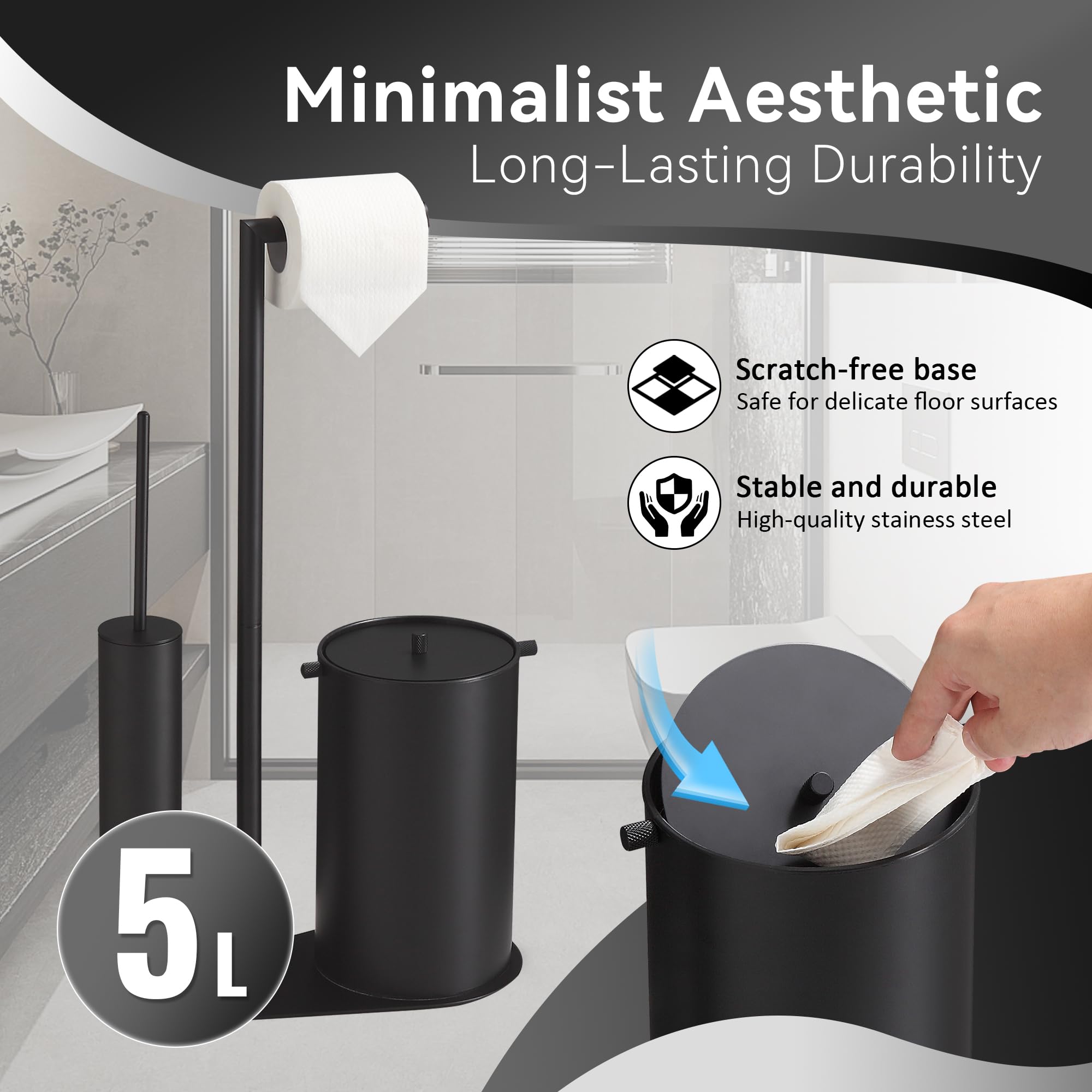 DAZI Portarrollos de Papel higiénico Independiente con Cepillo y Cubo de Basura, Juego de portarrollos de Papel higiénico de Acero Inoxidable, Negro Mate, 2 Cabezales de Cepillo PP