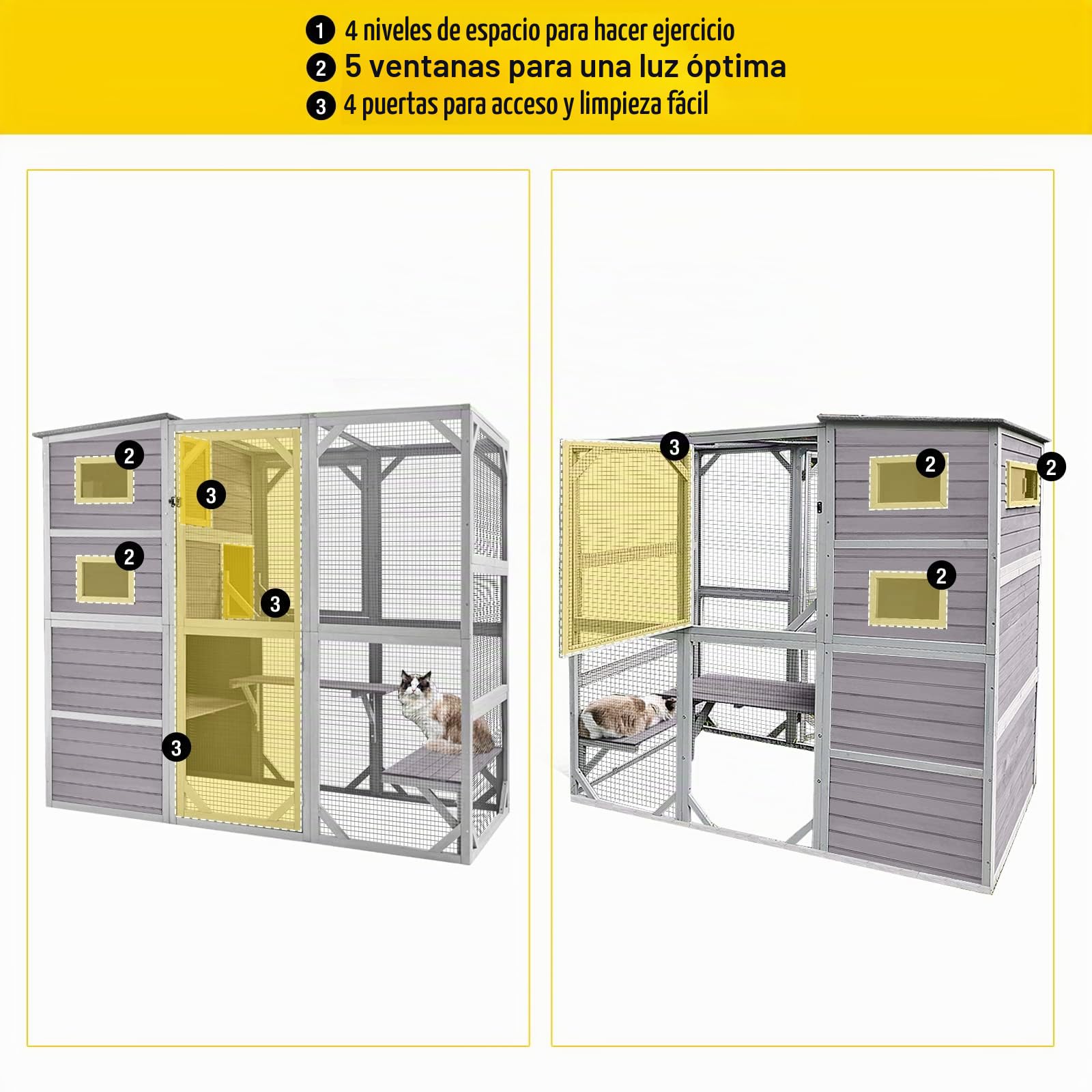 Casa para gatos al aire libre Catio con 4 niveles para gatos, jaula grande para gatos para interiores y exteriores, con techo resistente a la intemperie y habitación espaciosa