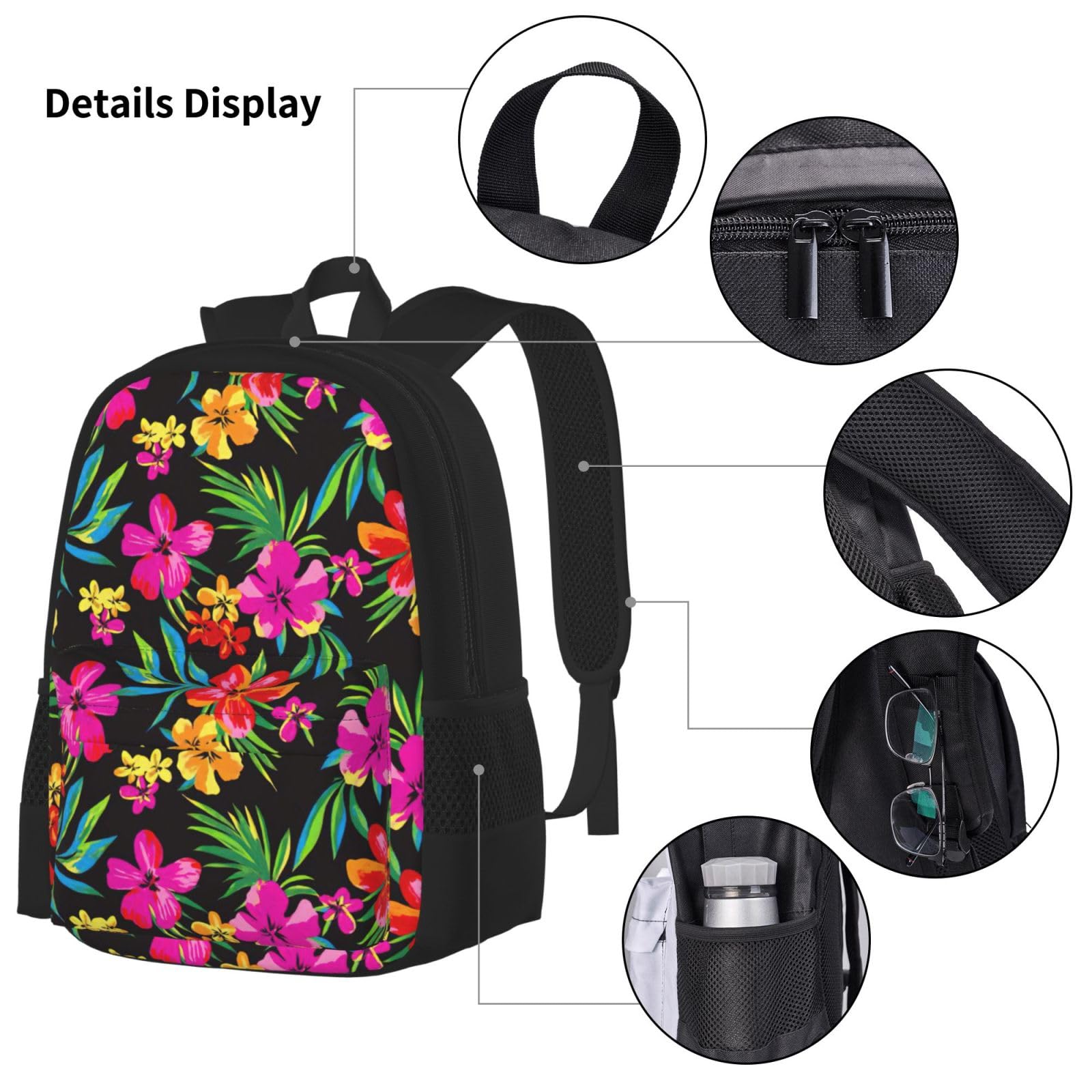 Juego de 3 mochilas escolares hawaianas con estampado de flores coloridas, mochila para laptop resistente al agua de gran capacidad con bolsa de almuerzo aislada y estuche para lápices para