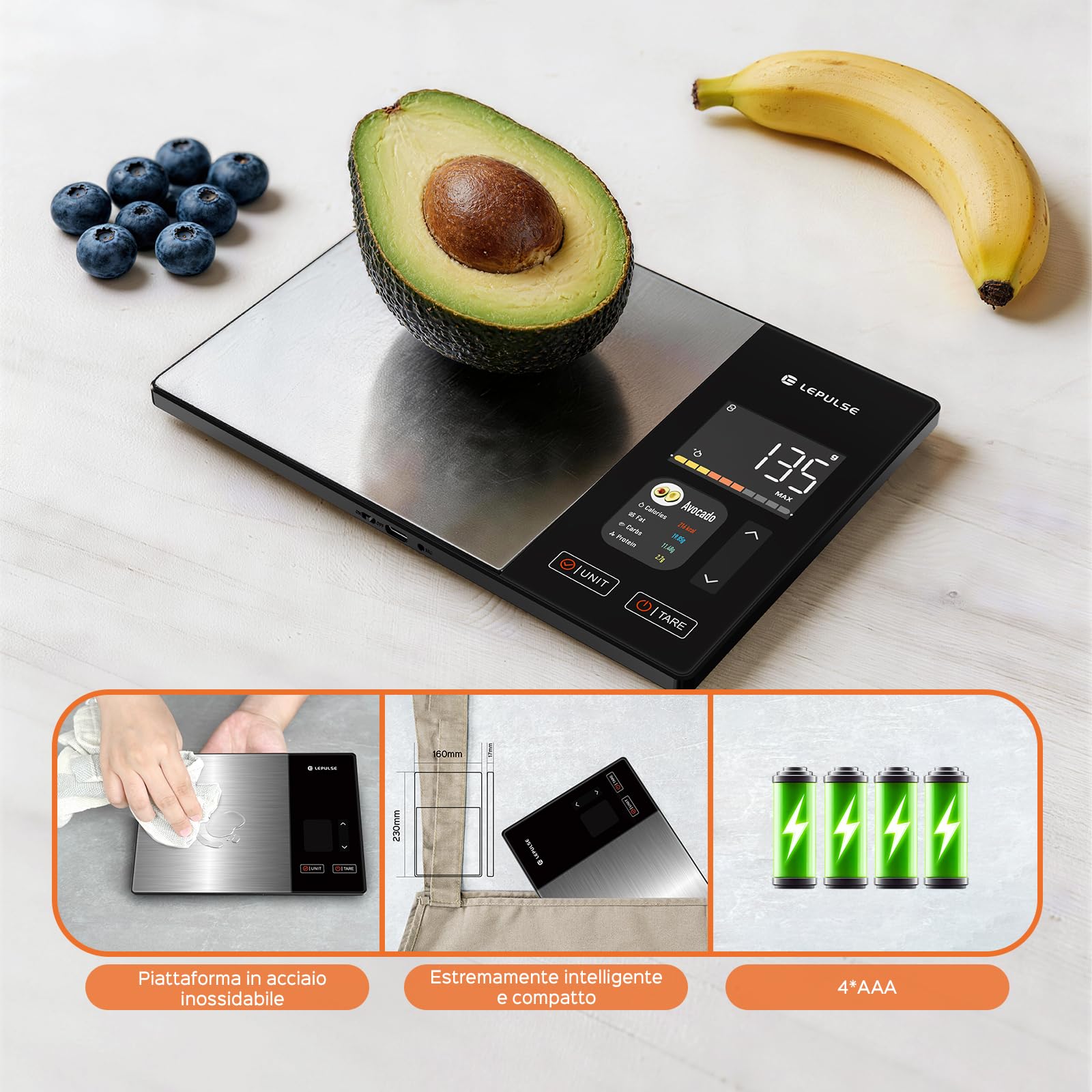 Bilancia da cucina digitale con calcolo nutrizionale, bilancia alimentare con 24 analisi nutrizionali, 5 kg in acciaio inox, display a colori TFT, 50 offline e analisi calorie illimitate tramite app