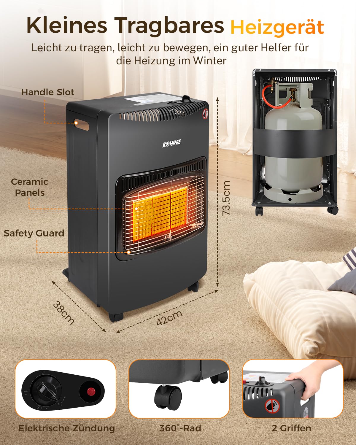 Kohree 4200 Watt Keramik Gasheizer, Gasheizung Dreifacher Sicherheitsschutz, Gasheizofen, Heizstrahler Gasheizgerät, inkl. Gasdruckregler Gasschlauch Schutzhülle Butan- oder Propangasflaschen bis 15kg