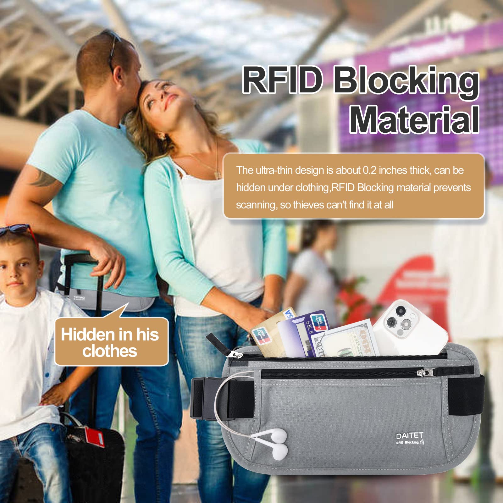 Pasek na pieniądze blokujący RFID dla mężczyzn i kobiet, wąski nerka na podróż, do biegania, ukryty portfel na paszport, telefon, gotówkę, Czarny jasnoszary, Rfid Blocking & Belt Wide:1.45Inch,