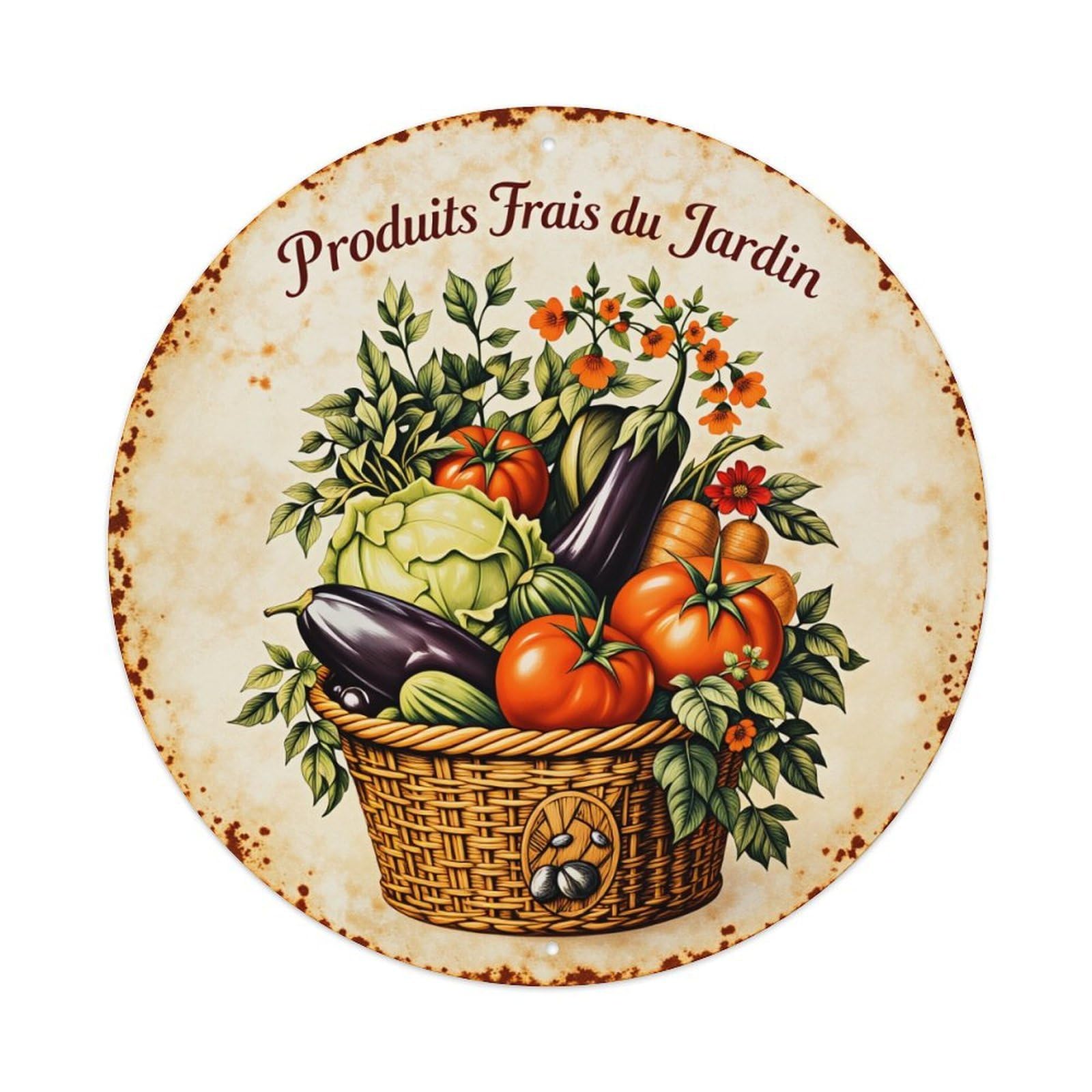 Fresh Garden Vegetables Basket Art Round Tin Sign Vintage Style Metal Sign Home Bar Garden Wall Plaque Decor Metal Poster 8x8 Inch