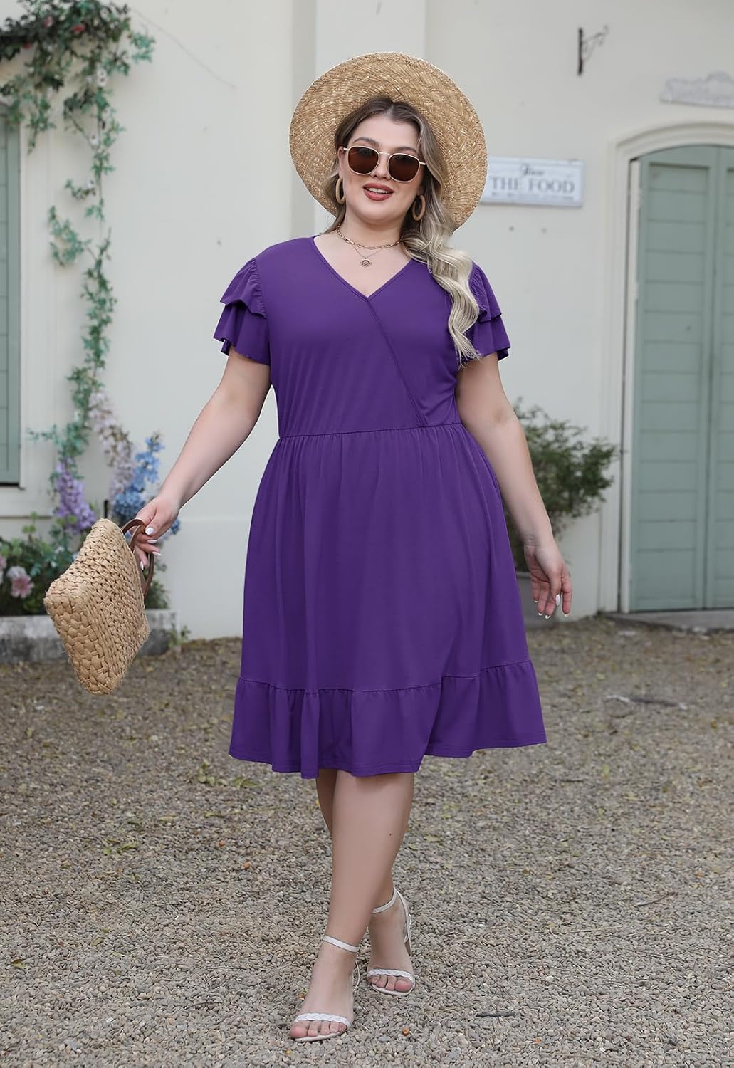 Celkuser Plus Size Casual Wrap V-Neck Ruffle Short Sleeve Midi Dress for Curvy Women with Pocket Spring and Autumn Dress - Image 4