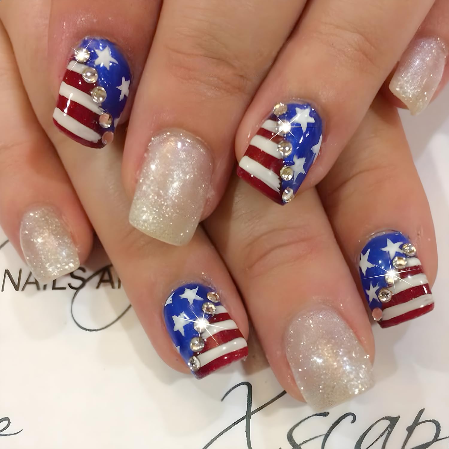 24Pcs 4th of July Press on Nails Short Square Fake Nails Glitter Rhinestones Gem American Flag Design Independence Day Acrylic Nails Full Cover Silver