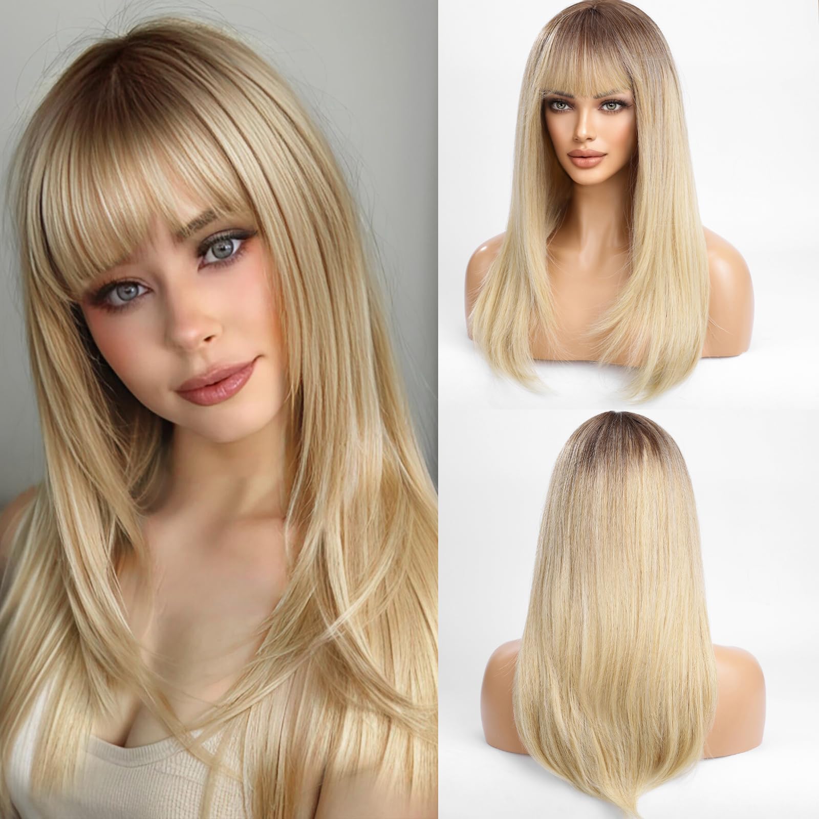 WOKESTAR Long Straight Wigs for Women with Fringe Layered Synthetic Light Blonde Color Wigs for Women, average